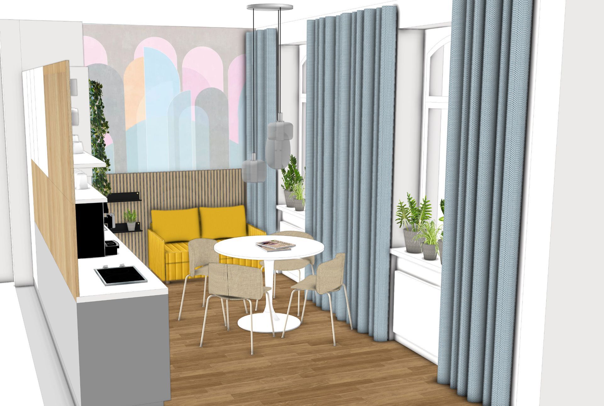 Gemütliches Zimmer mit Küche und Essbereich: gelbes Sofa, runder Tisch mit Stühlen, blaue Vorhänge, Holzboden.