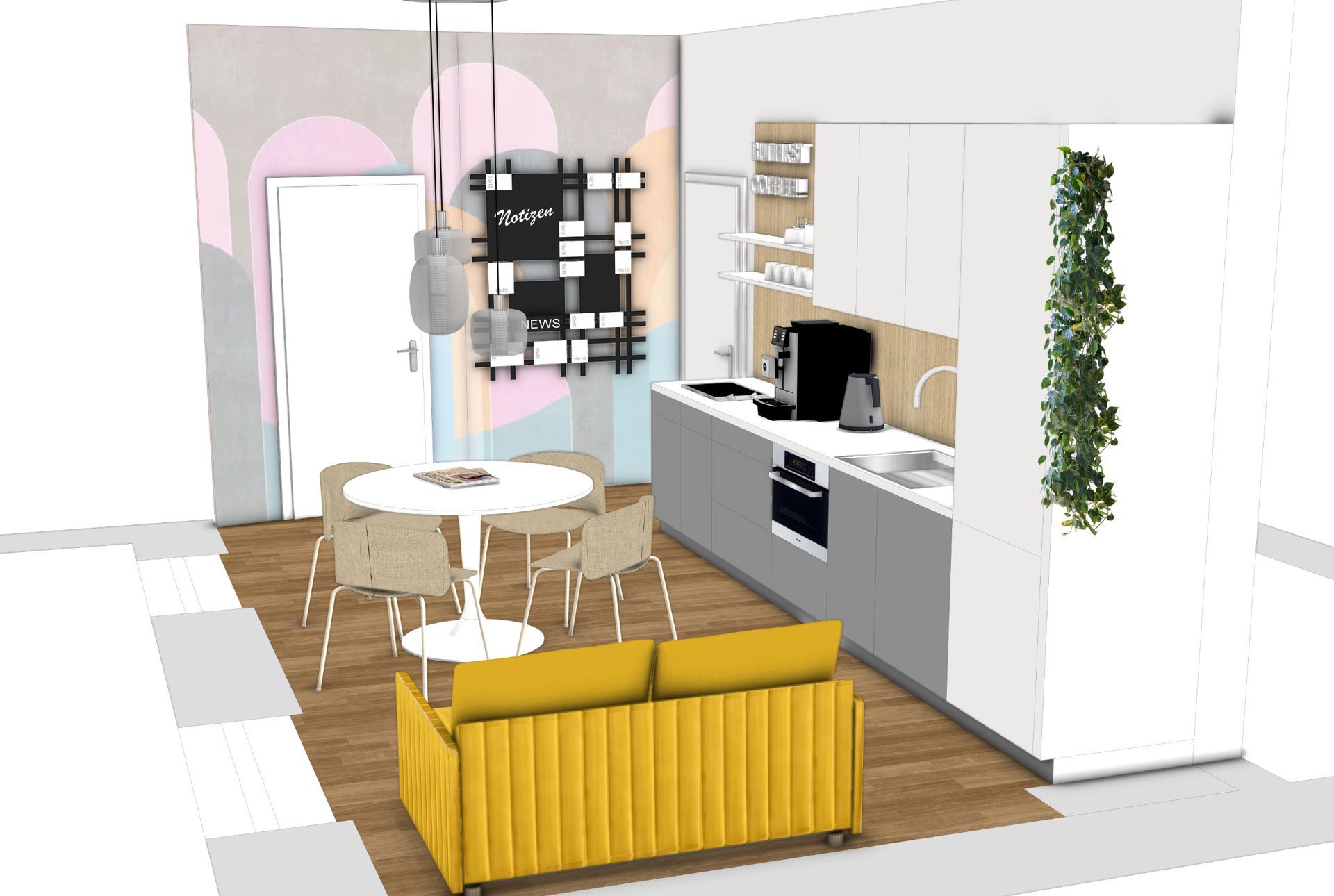 Eine kleine, moderne Küche mit Essbereich, gelbem Sofa, rundem Tisch und Hängepflanze.