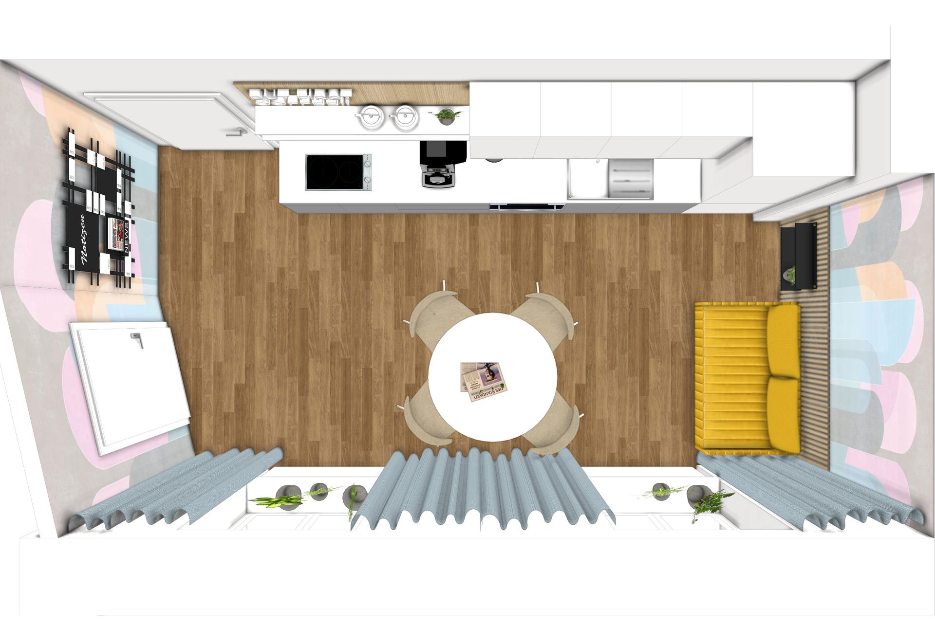 Draufsicht auf eine moderne Wohnung: Küche, Essbereich mit rundem Tisch und gelbem Sofa. Holzböden, helle Wände.