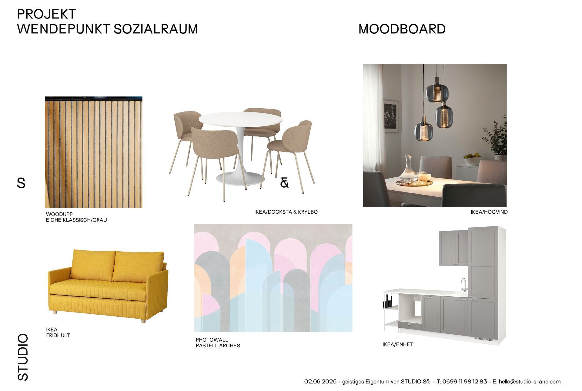 Moodboard für einen Gemeinschaftsraum mit Möbel-, Dekorations- und Materialmustern in neutralen Tönen.