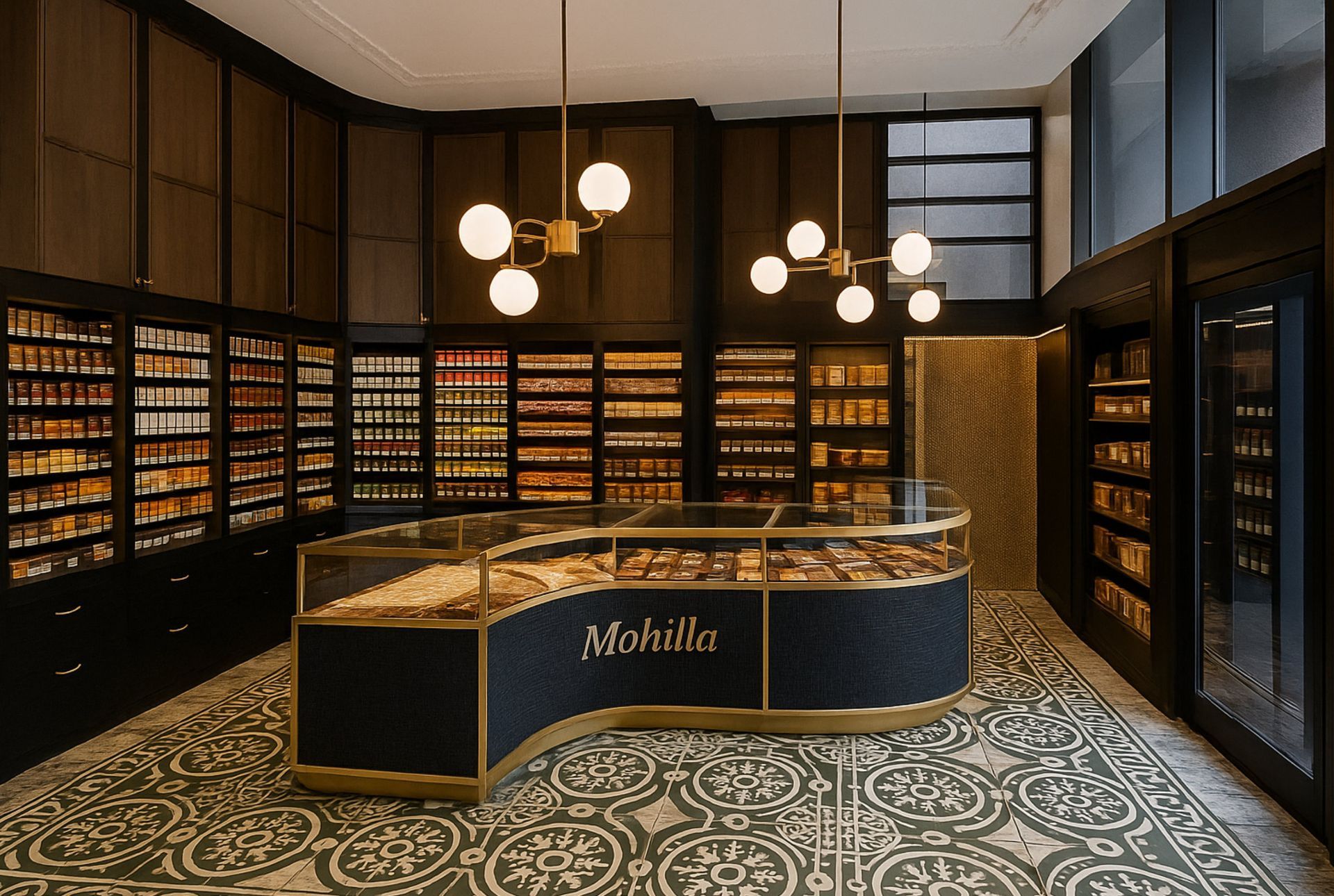 Innenansicht eines Schokoladengeschäfts mit Regalen voller Produkte, einer Vitrine, gemustertem Boden und moderner Beleuchtung.