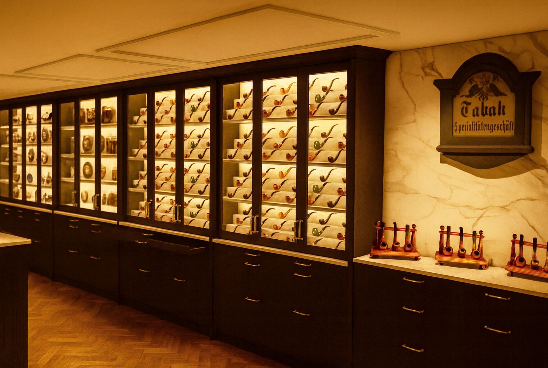 Innenansicht eines Tabakladens mit beleuchteten Glasvitrinen voller Pfeifen. Auf dem Schild steht „Tabak“.