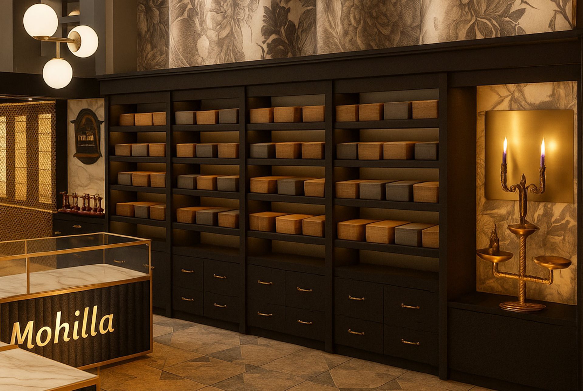 Ein Ladeninterieur mit Regalen voller Kisten, Glasvitrinen und einem dekorativen Kandelaber.