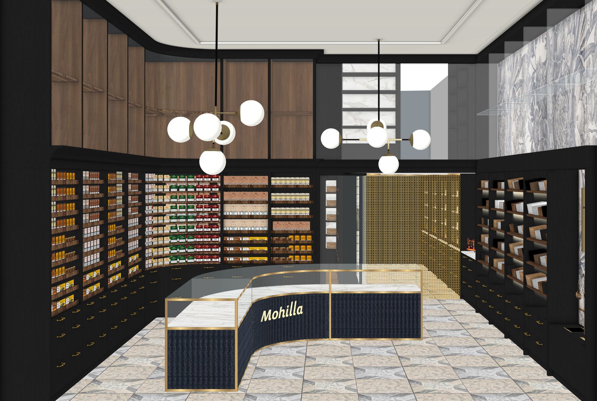 Innenansicht eines Einzelhandelsgeschäfts mit geschwungenem Verkaufstresen und mit Waren gefüllten Regalen.