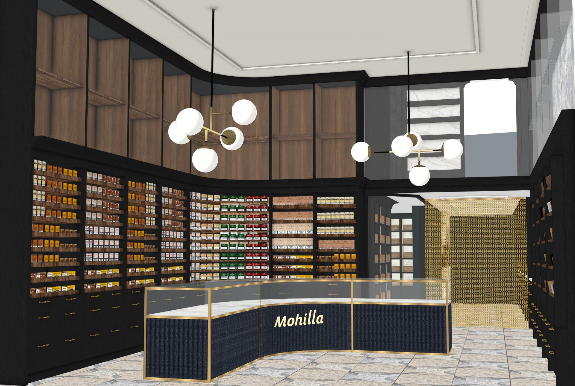 Innenansicht eines Ladens mit Vitrinen, Regalen voller Produkte und hängenden Kugellampen.