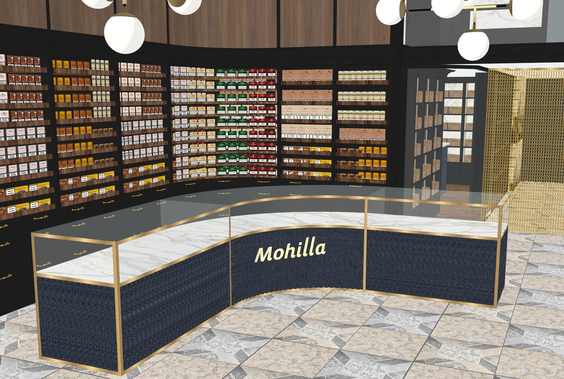 Innenansicht eines Ladens, Regale voller Produkte, geschwungener Verkaufstresen mit 