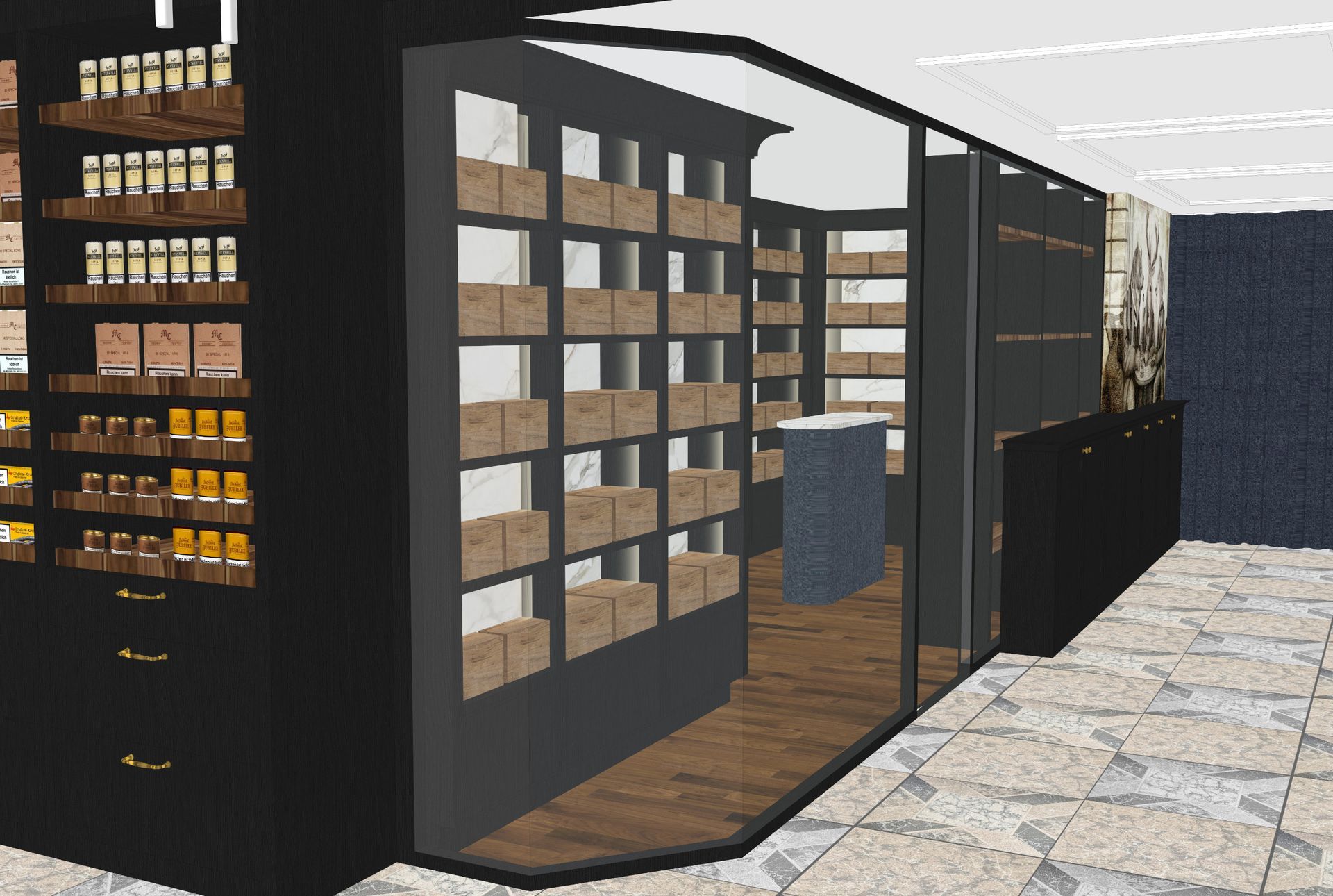 Innenansicht eines Ladens mit schwarzen Regalen und Auslagen, Glaswänden und Holzböden. Die Regale sind mit Produkten gefüllt.