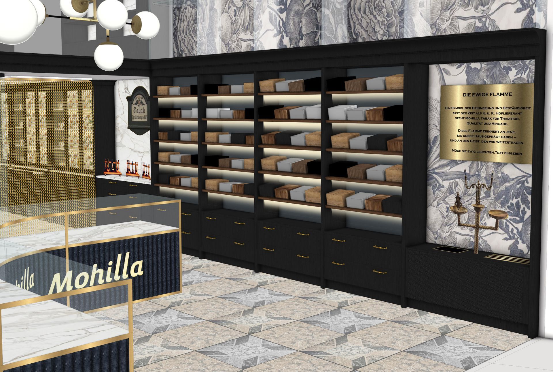 Innenansicht eines Juweliergeschäfts mit Regalen voller Artikel und einer Vitrine. Schwarz- und Goldtöne.