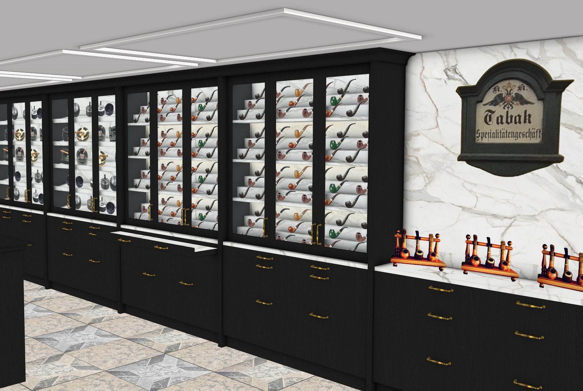 Eine Vitrine mit Pfeifen in einem Tabakladen, schwarze Schränke, weiße Marmorwand, Schild.