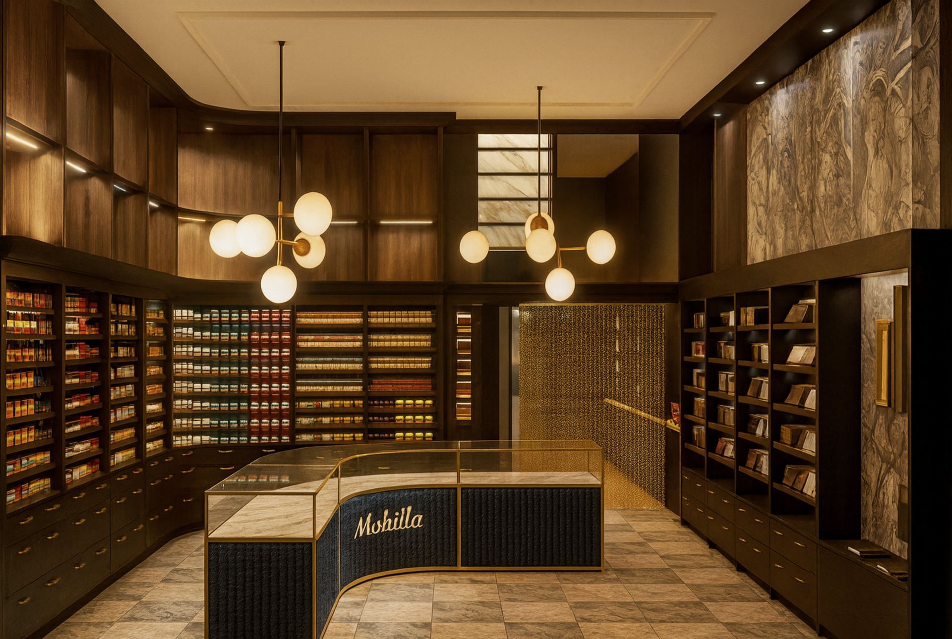 Luxuriöses Apothekeninterieur mit dunklen Holzregalen, kugelförmigen Pendelleuchten und Verkaufstheke.