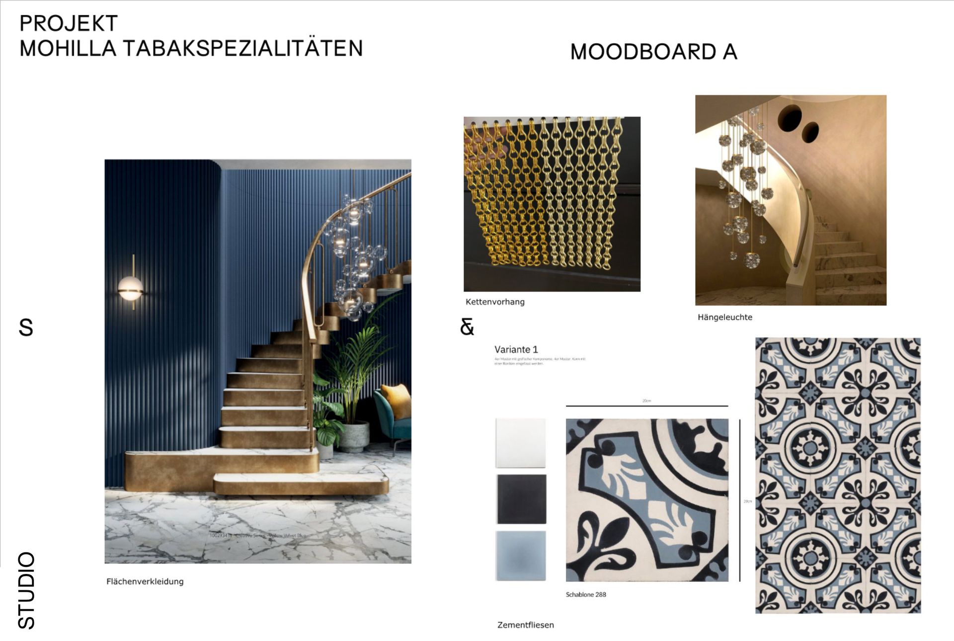 Moodboard für ein Projekt mit Treppen, dekorativen Fliesen und Materialien in Blau, Gold und Weiß.