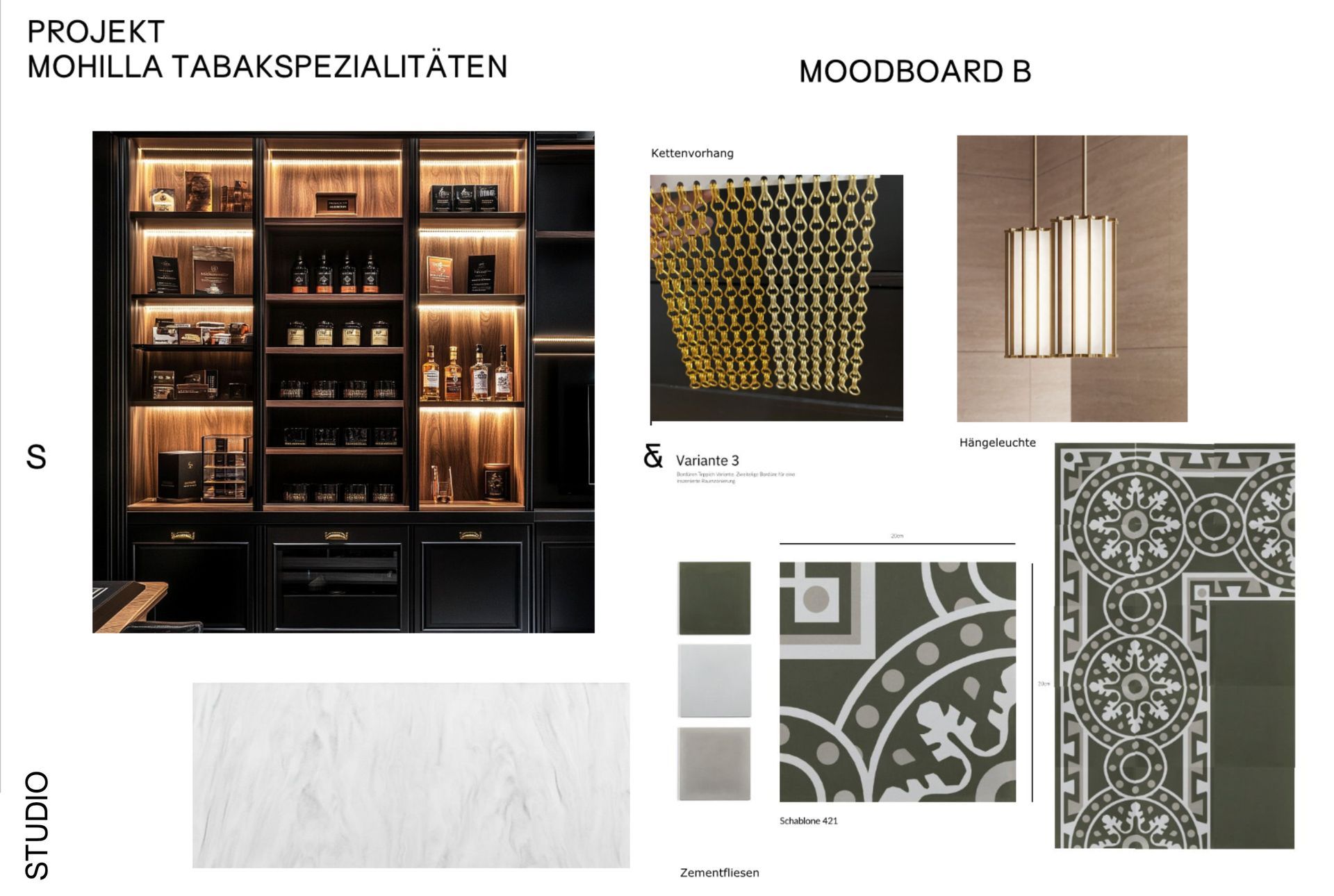 Moodboard für Tabakspezialitäten. Enthält eine Vitrine, Dekorationselemente und Fliesenmuster in dunklen Farbtönen.