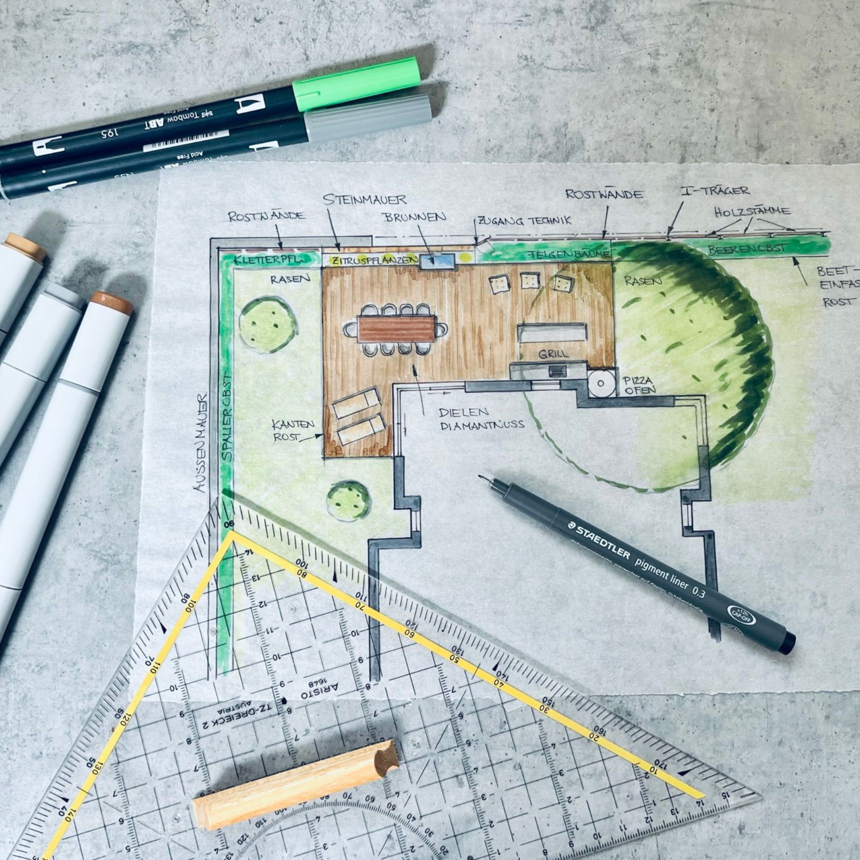 Landschaftsgestaltungsskizze mit Markern, Lineal und Bleistiften auf grauem Untergrund.