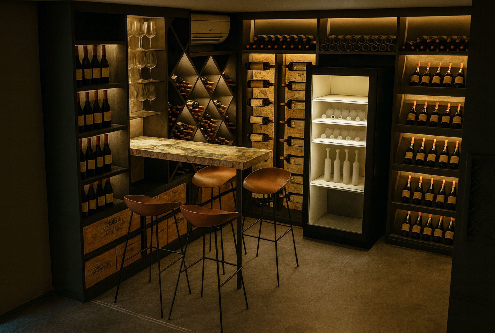 Innenarchitektur Weinkeller mit Weinlagerung, Verkostungsbereich und maßgefertigten Holzregalen
