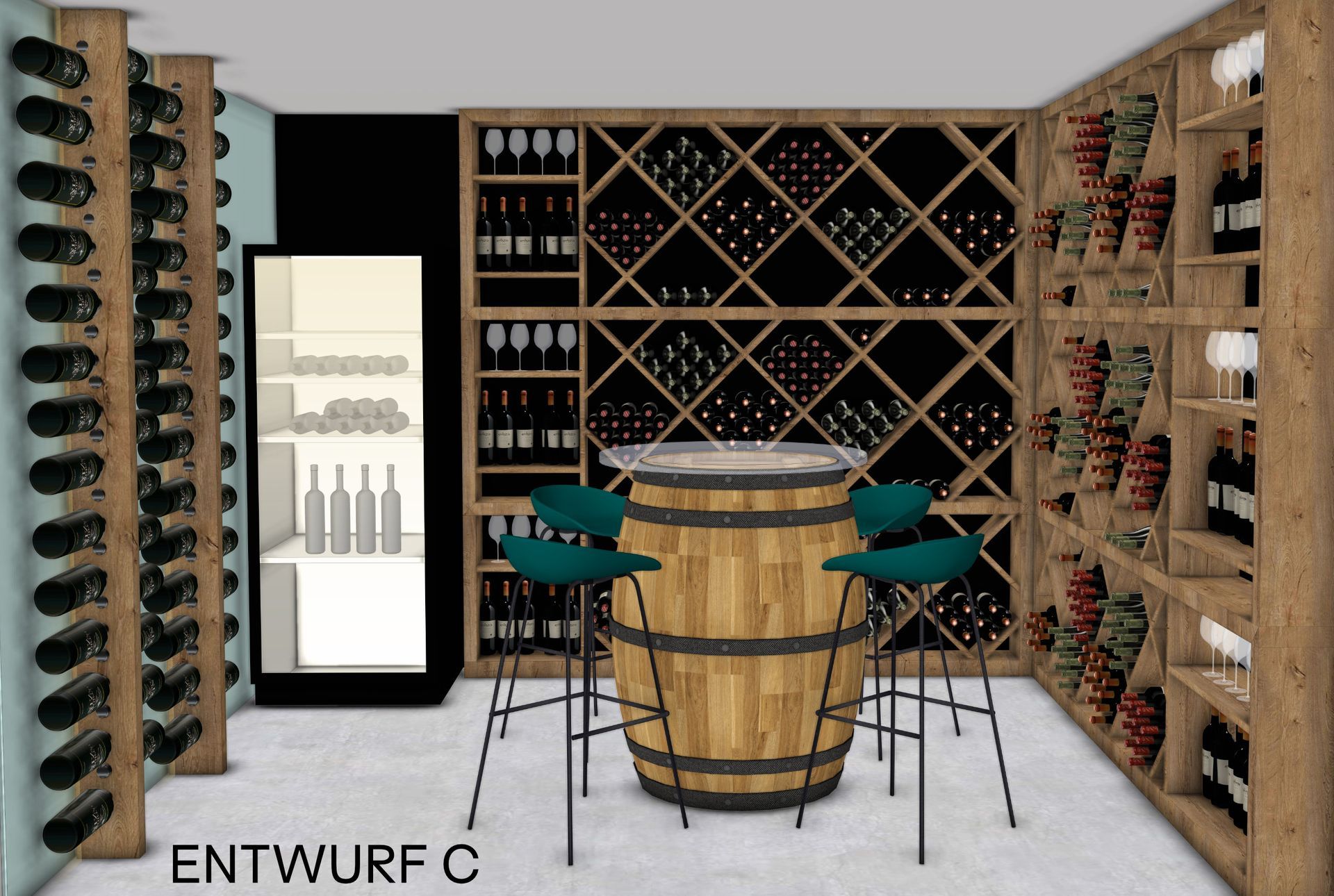 Weinkeller mit Holzregalen, einem Fasstisch und türkisfarbenen Barhockern.