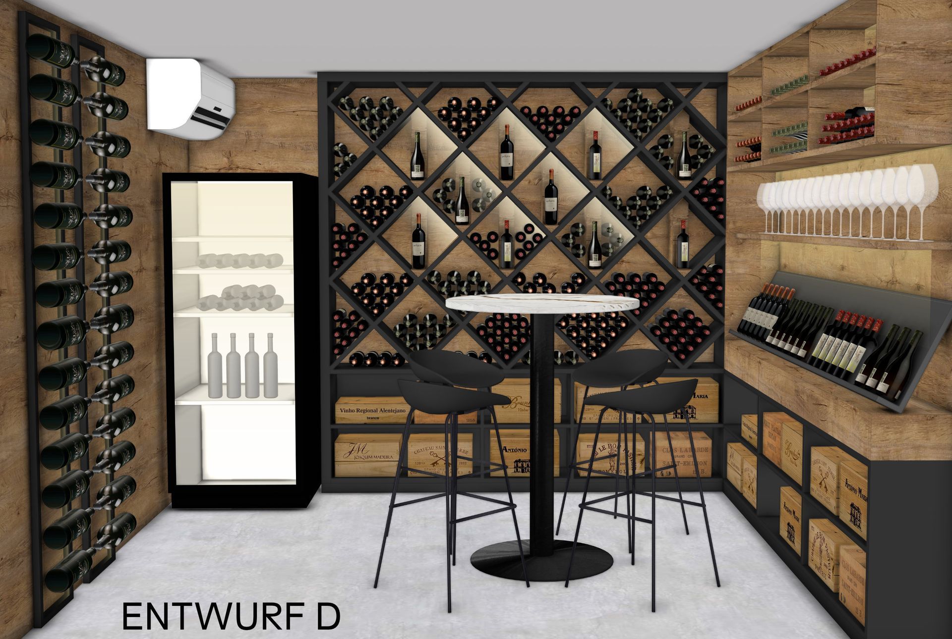 Ein Weinkeller-Design mit mehreren Weinregalen, einem kleinen Tisch und Hockern.