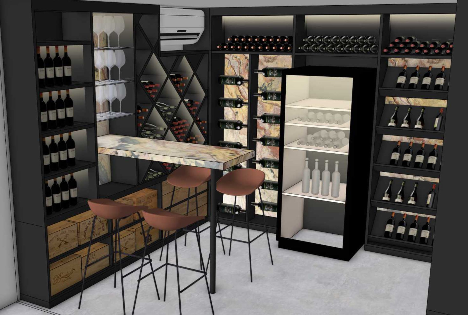 Weinkeller mit Flaschenregalen, Marmortheke, Barhockern und Weinkühler.