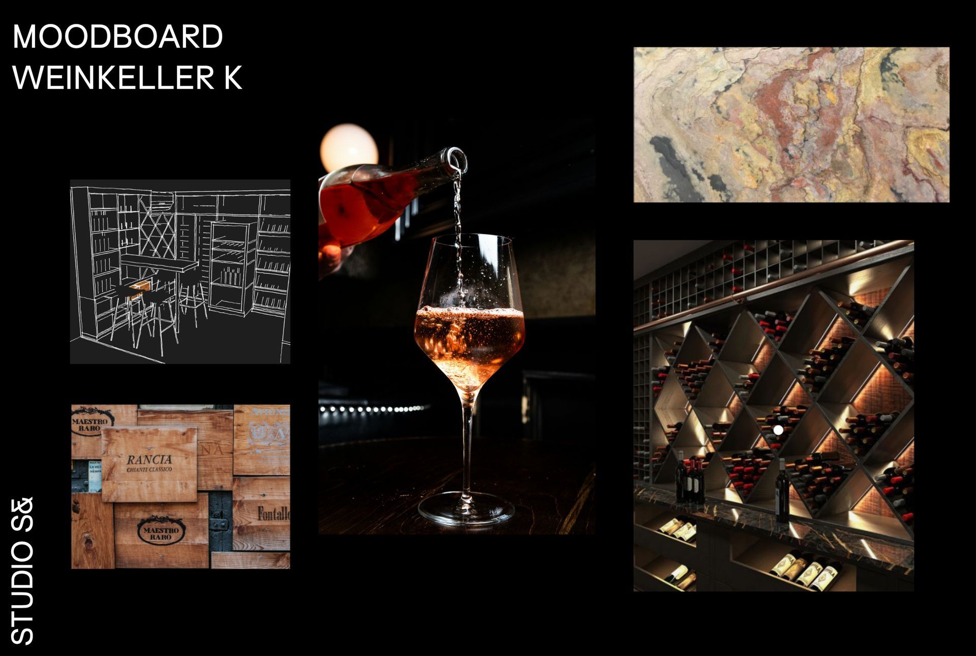 Materialmuster in neutralen Farbtönen: Holz, Stein und Fliesen.