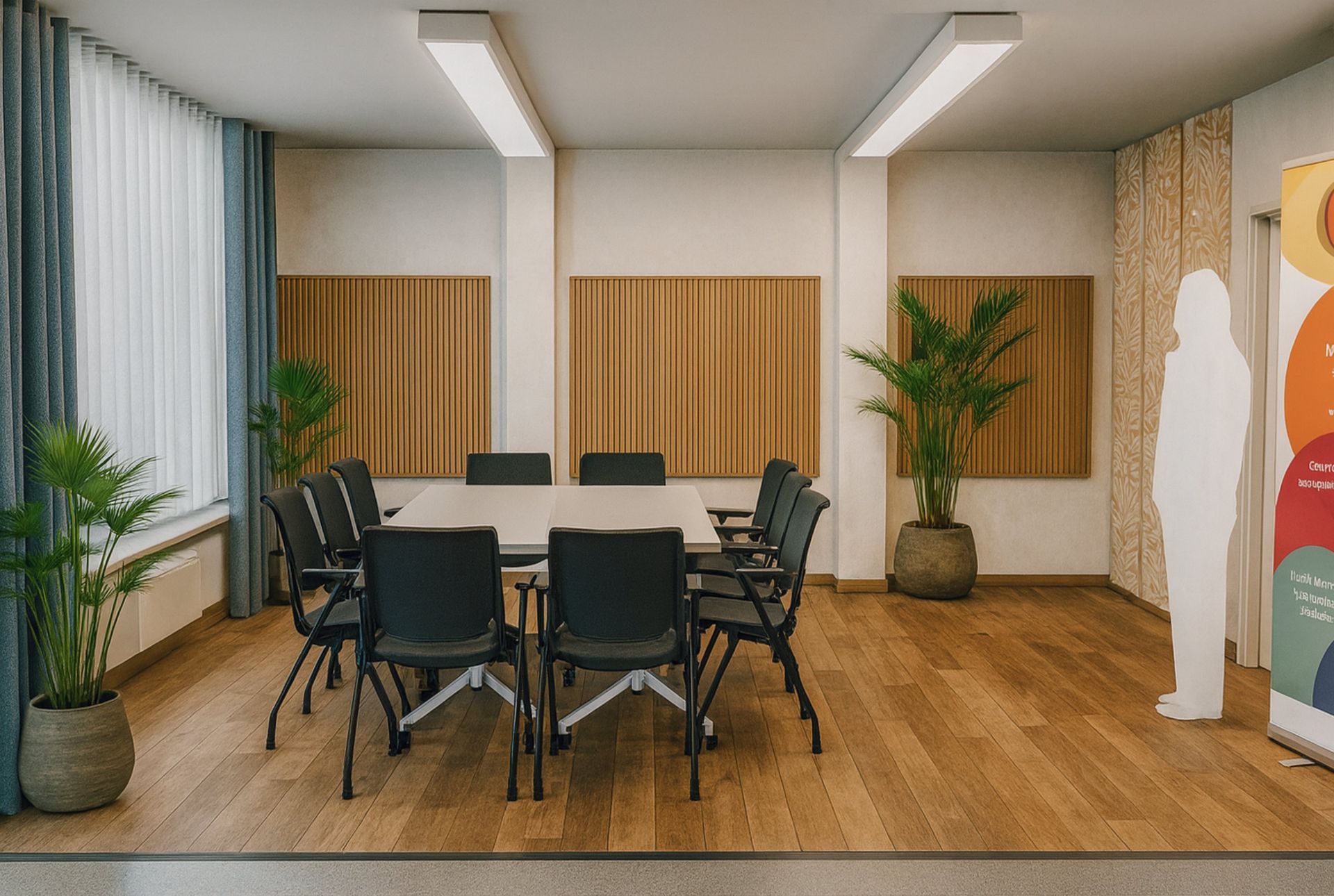 Konferenzraum mit einem langen Tisch, schwarzen Stühlen, Pflanzen, Holzvertäfelung und einem großen Schild.