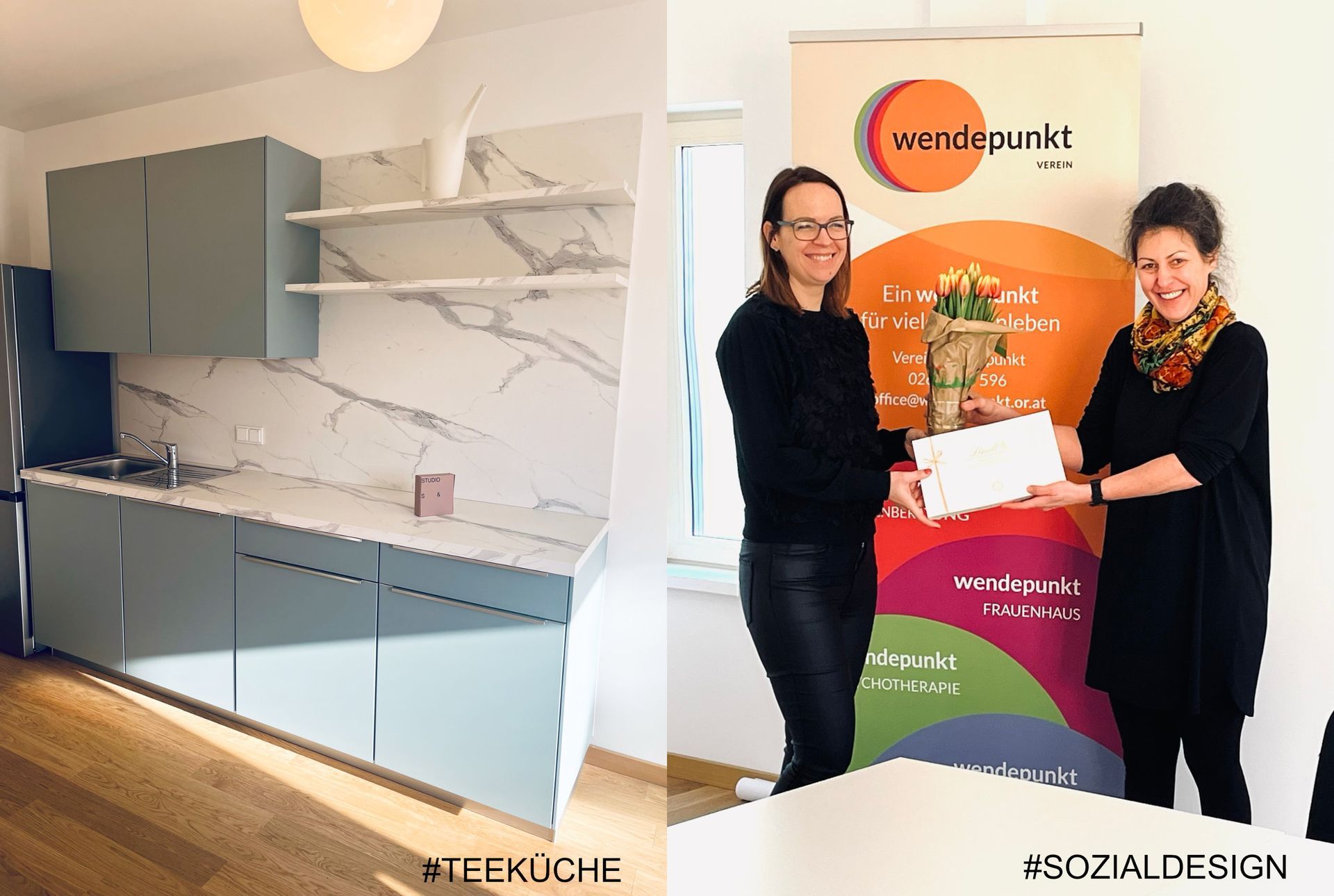 Zwei Fotos: eine hellblaue Küche und zwei Frauen, die vor einem Banner Dokumente austauschen.