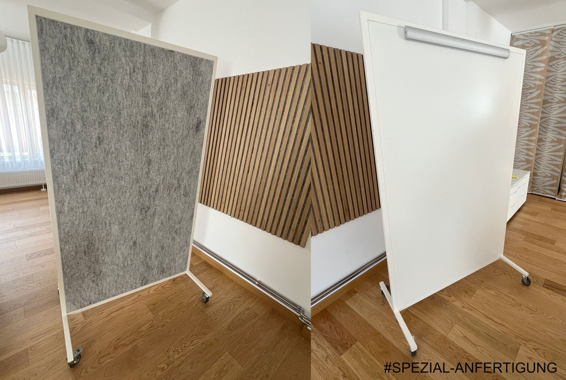 Drei weiße, gerahmte Raumteiler: grauer Filz, Holzlatten und weiß, auf Rollen, für den Innenbereich.