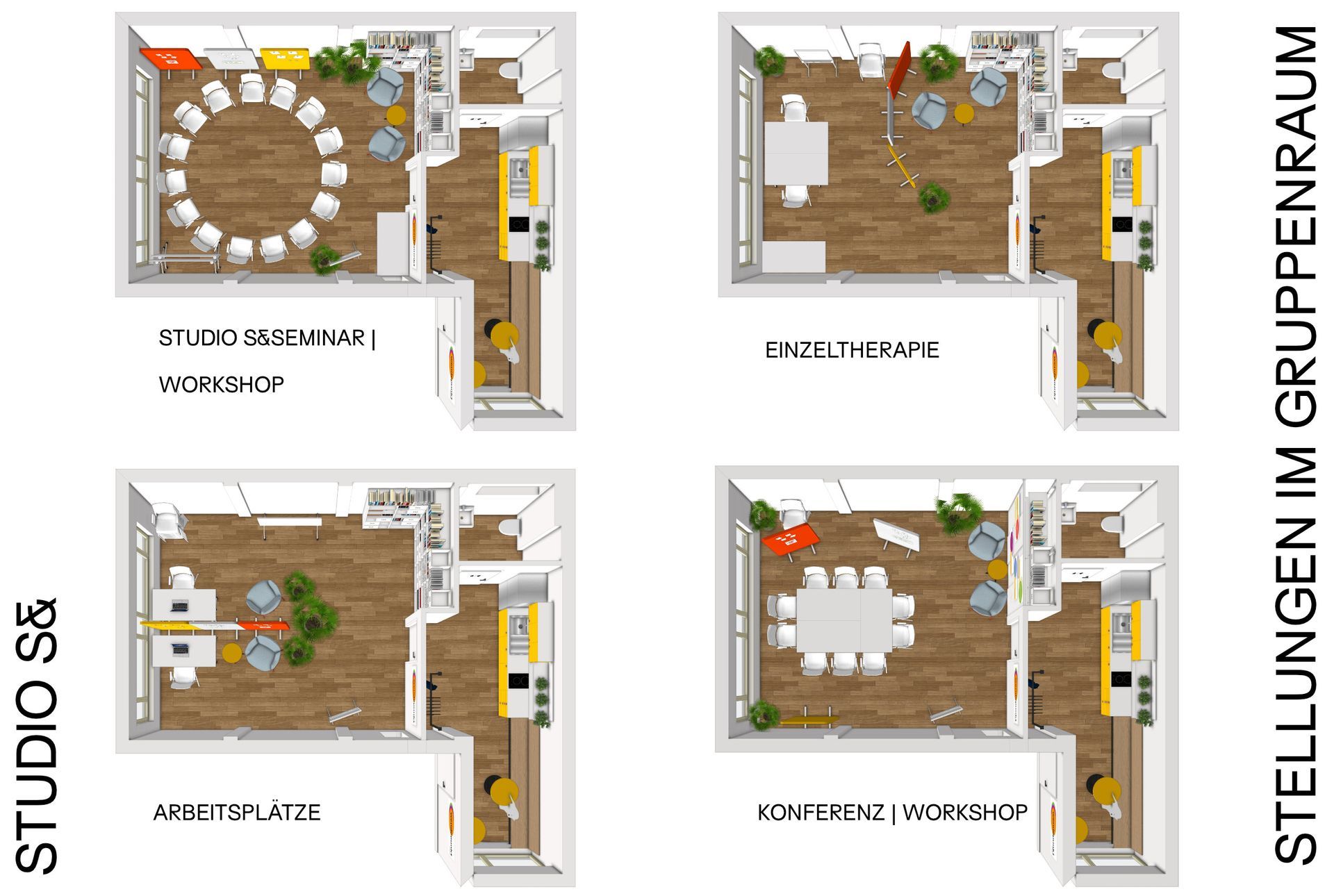 Grundrisse von vier Raumkonfigurationen: Werkstatt, Einzeltherapie, Arbeitsbereiche und Konferenz-/Workshopraum.