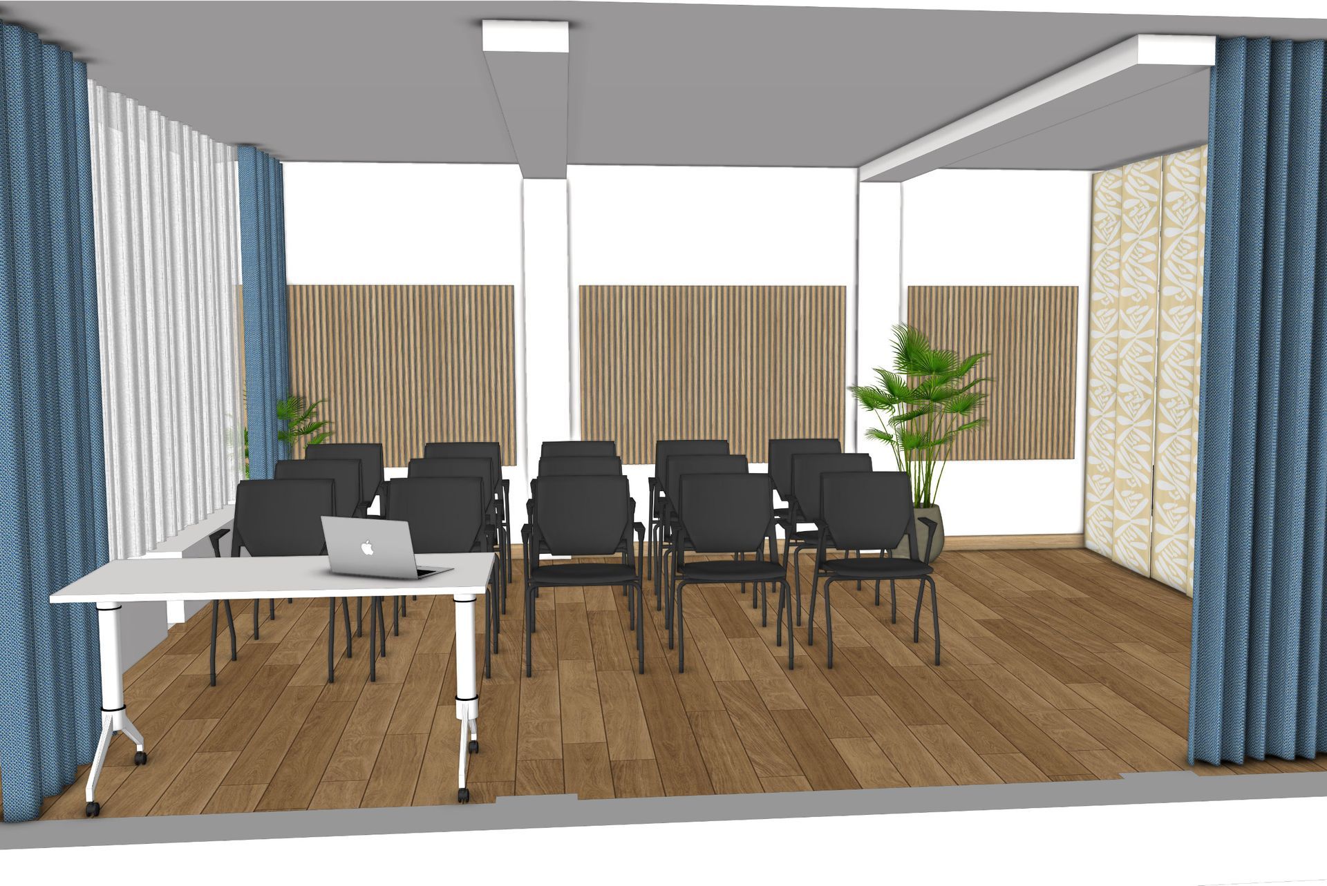 Konferenzraum mit Stühlen, die einem Tisch mit Laptop gegenüberstehen. Blaue Vorhänge und Holzvertäfelung.