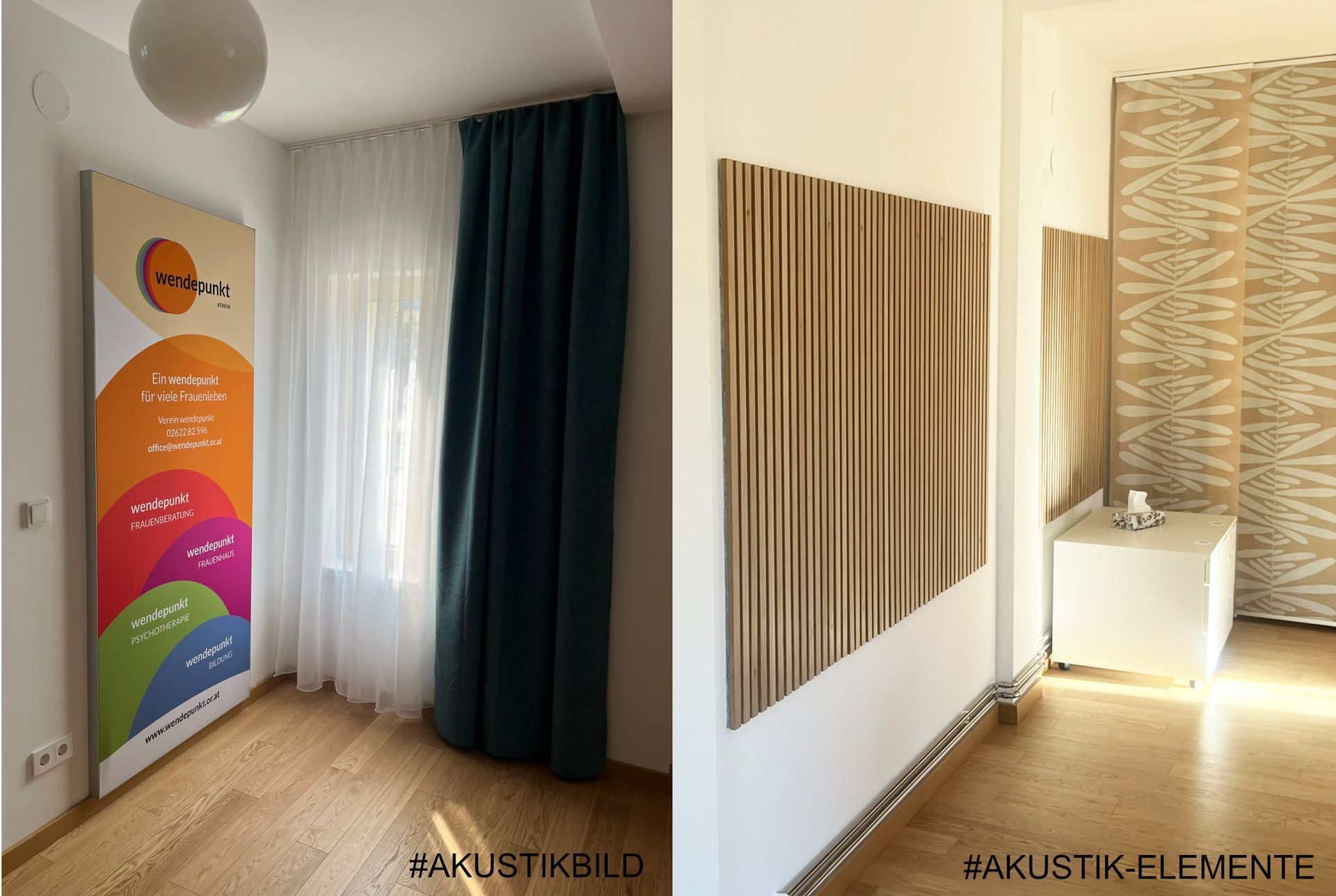 Zwei Innenansichten eines Zimmers. Eine mit einem Banner und Vorhängen, die andere mit einer Wandverkleidung und einem Schrank.