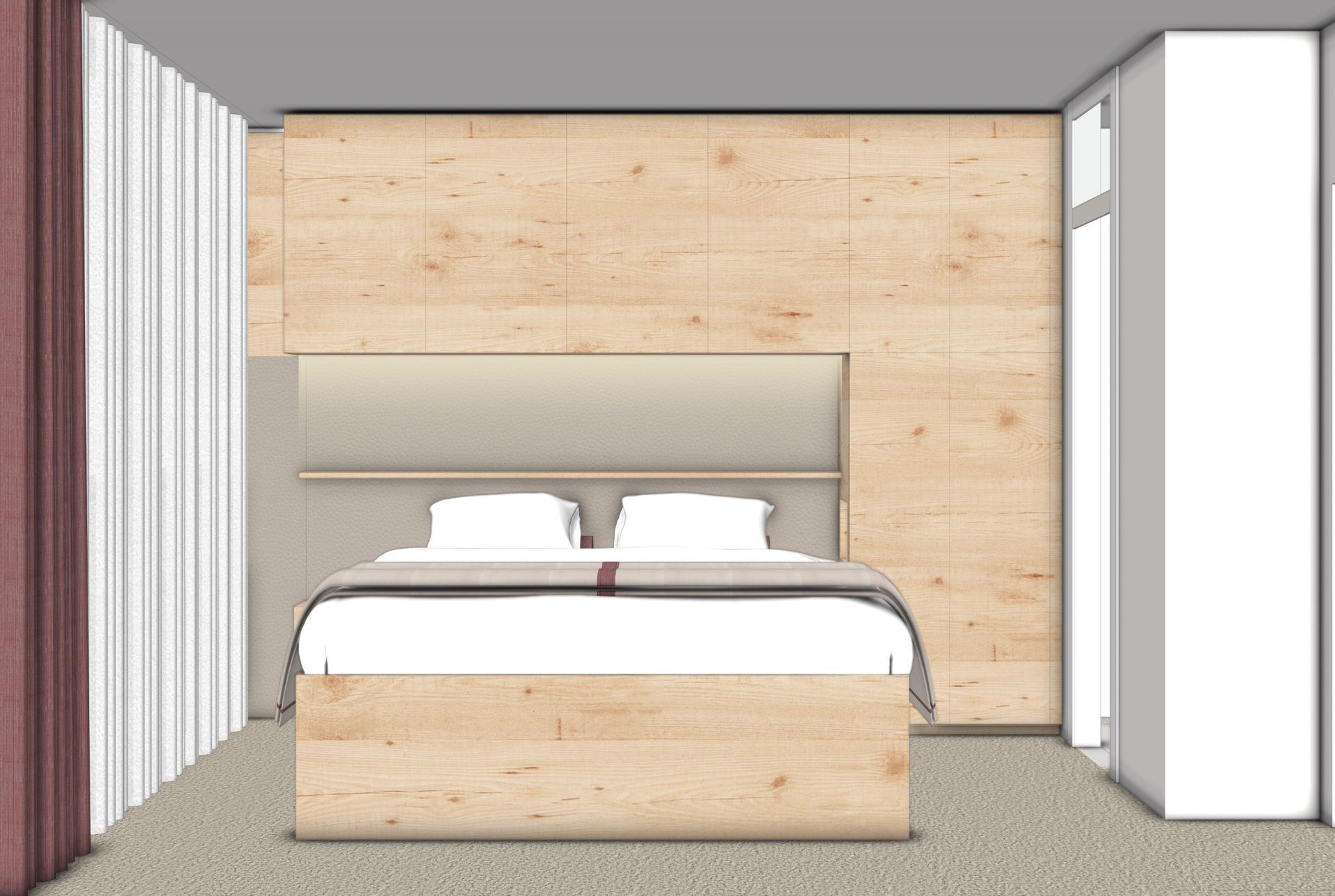 Schlafzimmer mit Bett, Holzvertäfelung und einem großen weißen Kleiderschrank.