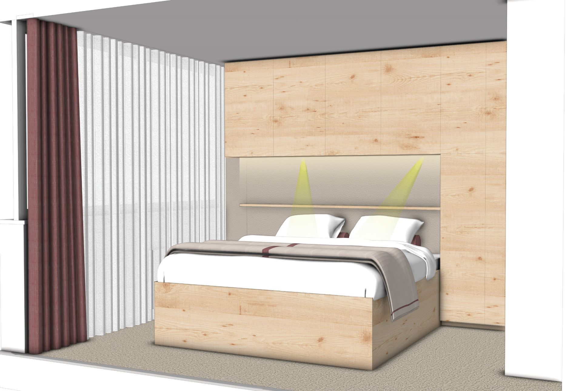 Schlafzimmer mit Holzbett, Kopfteil mit Ablage und Beleuchtung sowie Vorhängen.