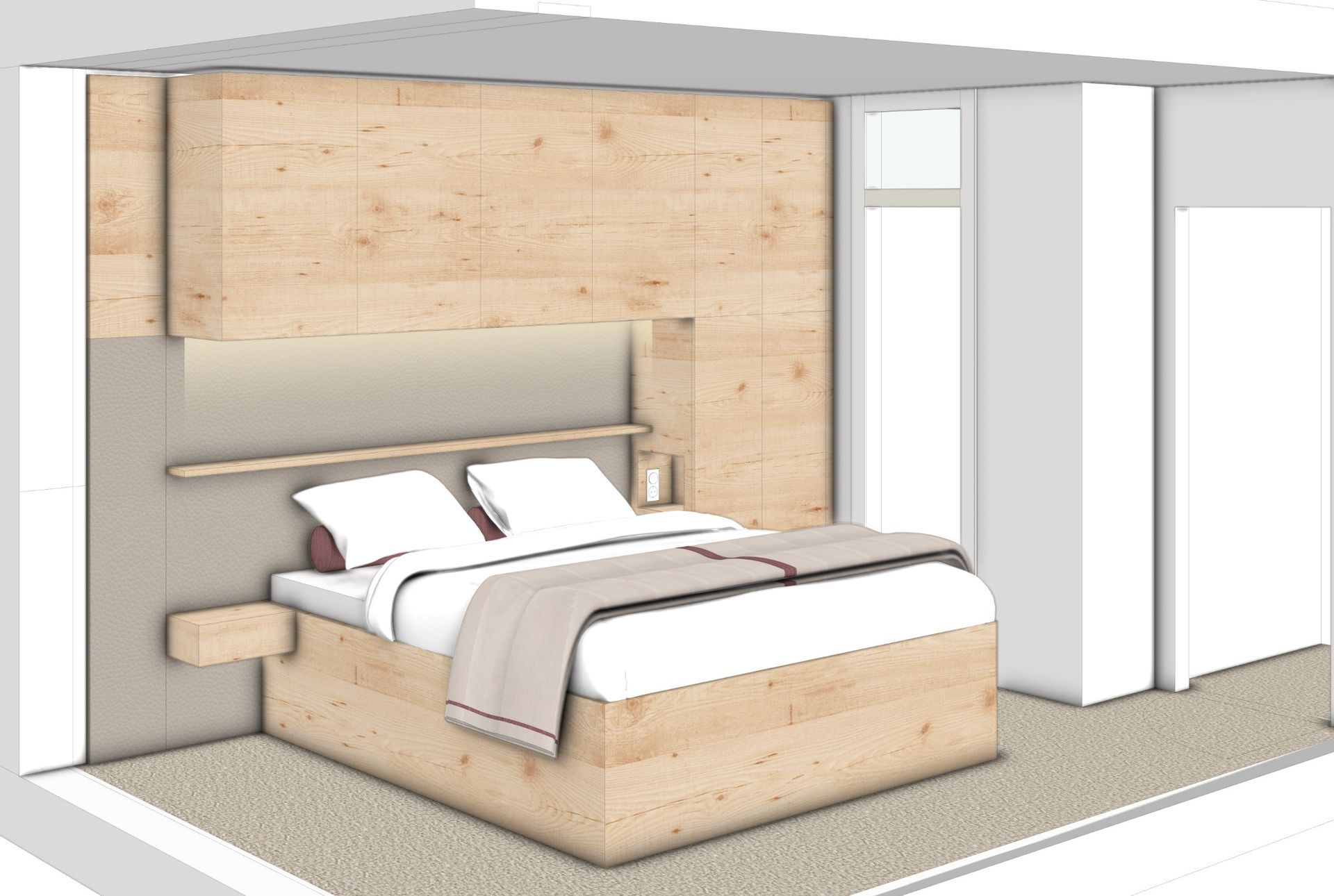 Schlafzimmer mit hellen, holzgetäfelten Wänden und Bett. Das Bett ist mit einer beigen Decke und Kissen bezogen. Beiger Teppichboden. Weißer Kleiderschrank und weißes Fenster.
