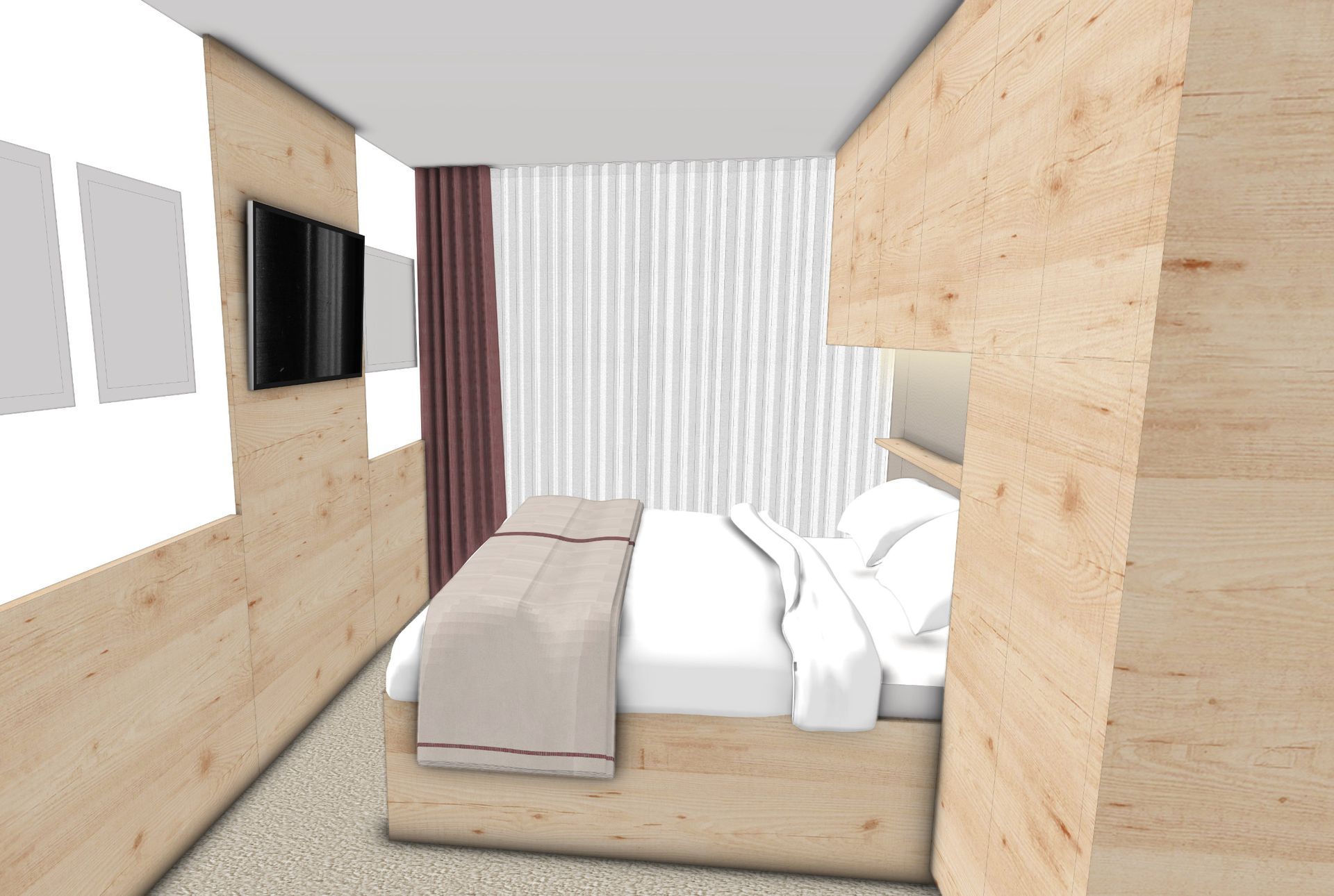 Schlafzimmer mit hellen Holzvertäfelungen, Bett, Fernseher und Vorhängen.