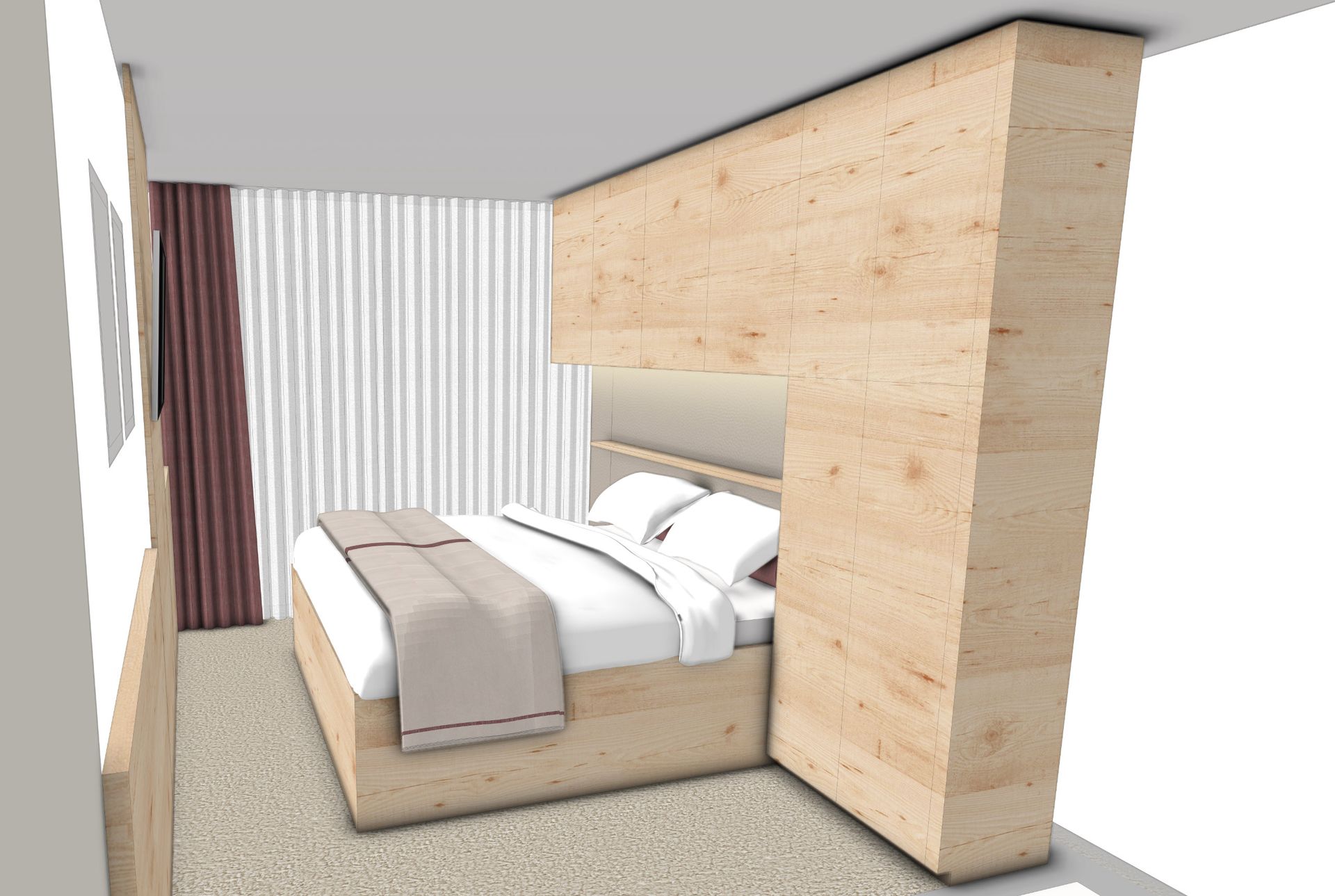 Schlafzimmer mit hellem Holzkopfteil und Wandverkleidung, Bett mit weißer Bettwäsche, Vorhänge.