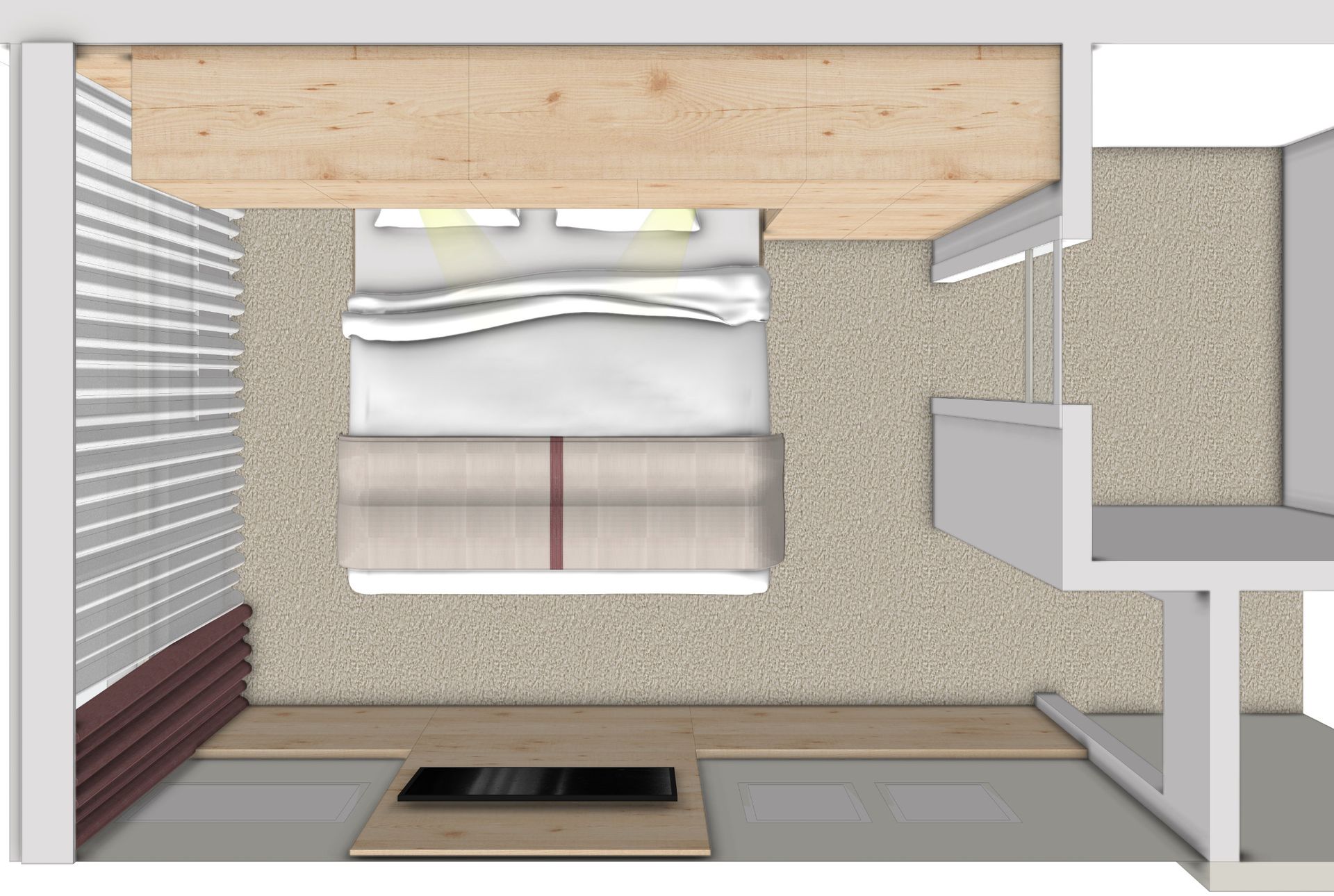 Draufsicht auf ein kleines Schlafzimmer mit Bett, Teppich, Jalousien und einer kleinen Ablagefläche.