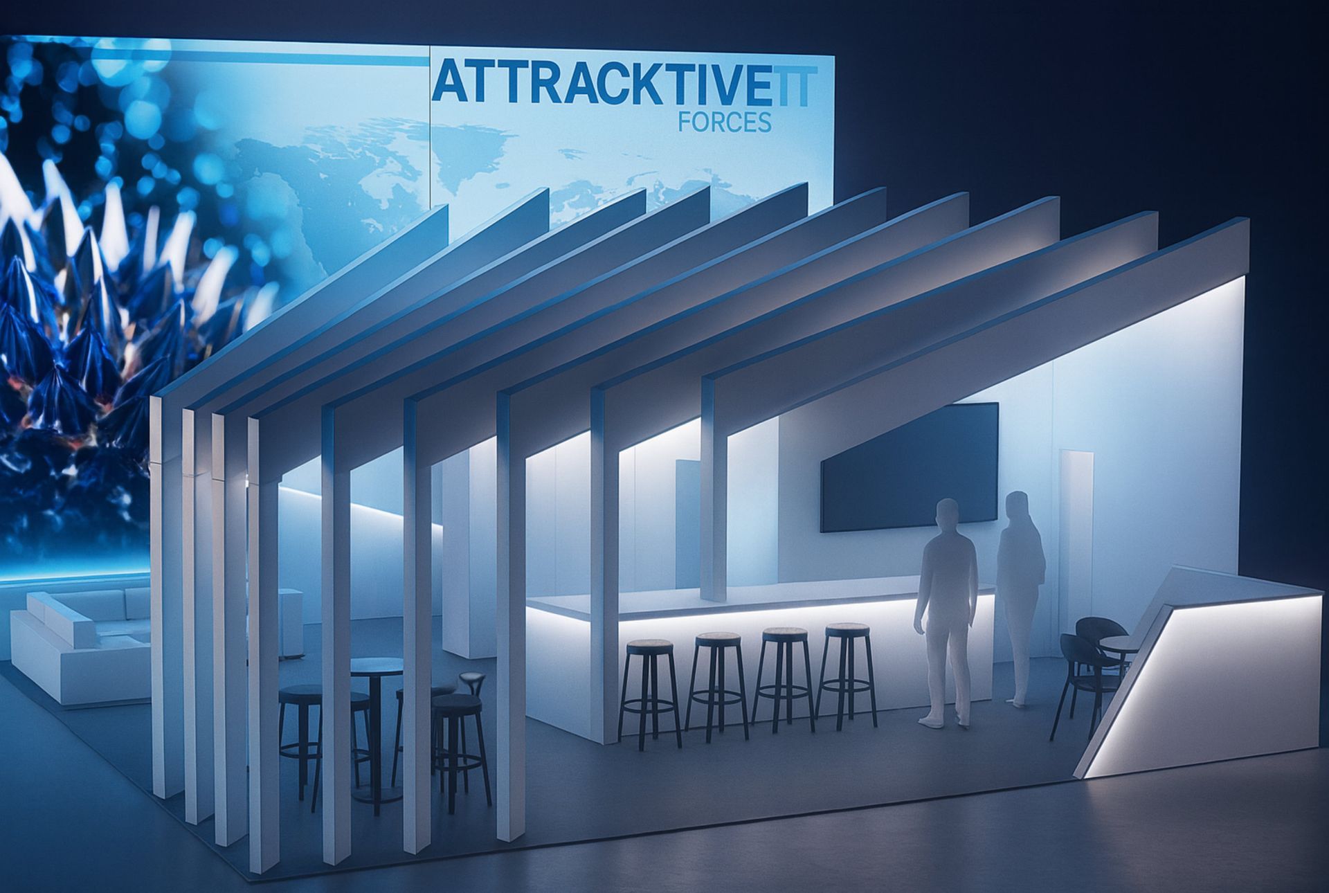 Moderner weißer Messestand mit schrägem Dach, Barhockern und großem Bildschirm.