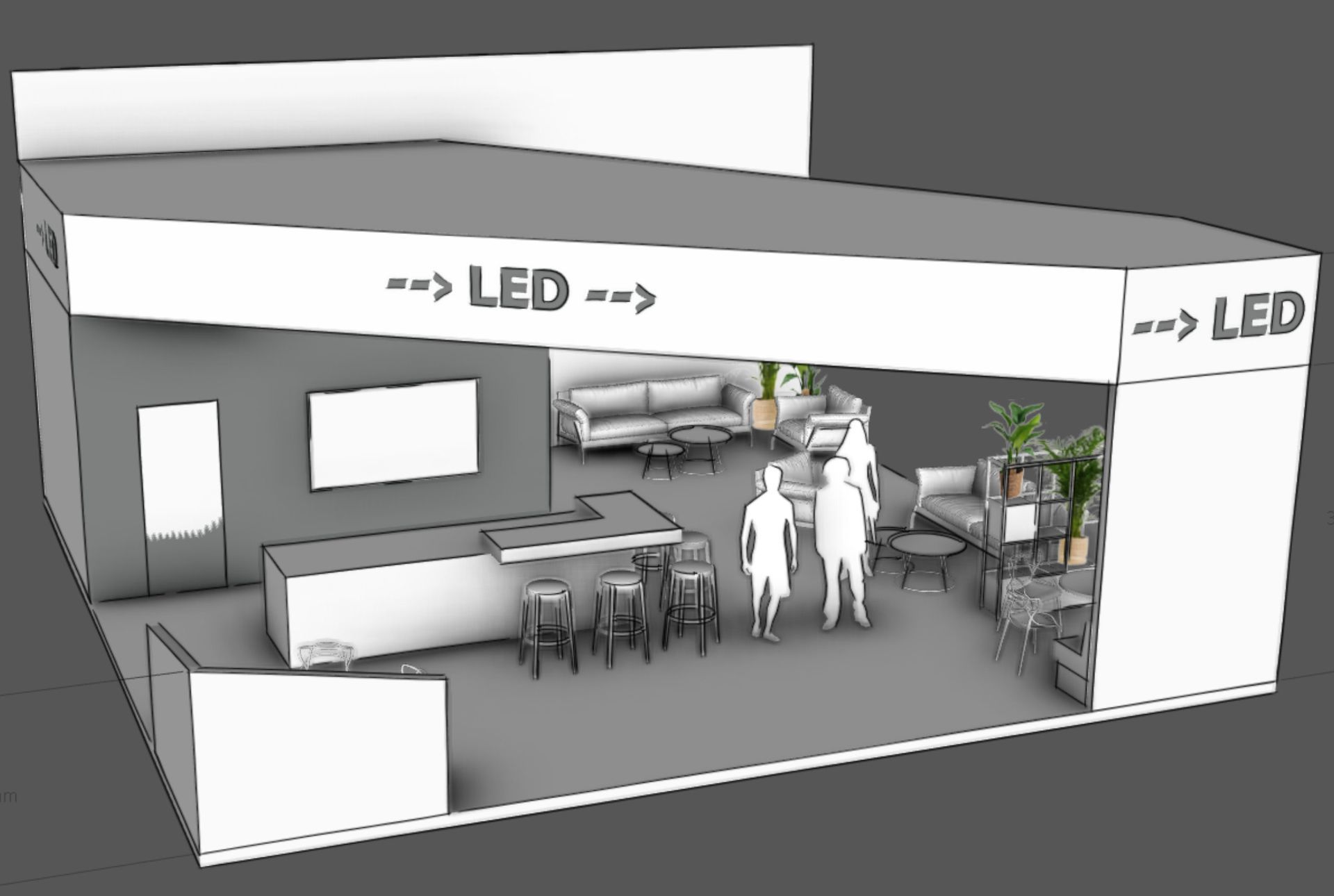 Skizze eines Messestandes mit LED-Beleuchtung, Sitzbereich und Theke. Personen stehen im Inneren des Standes.