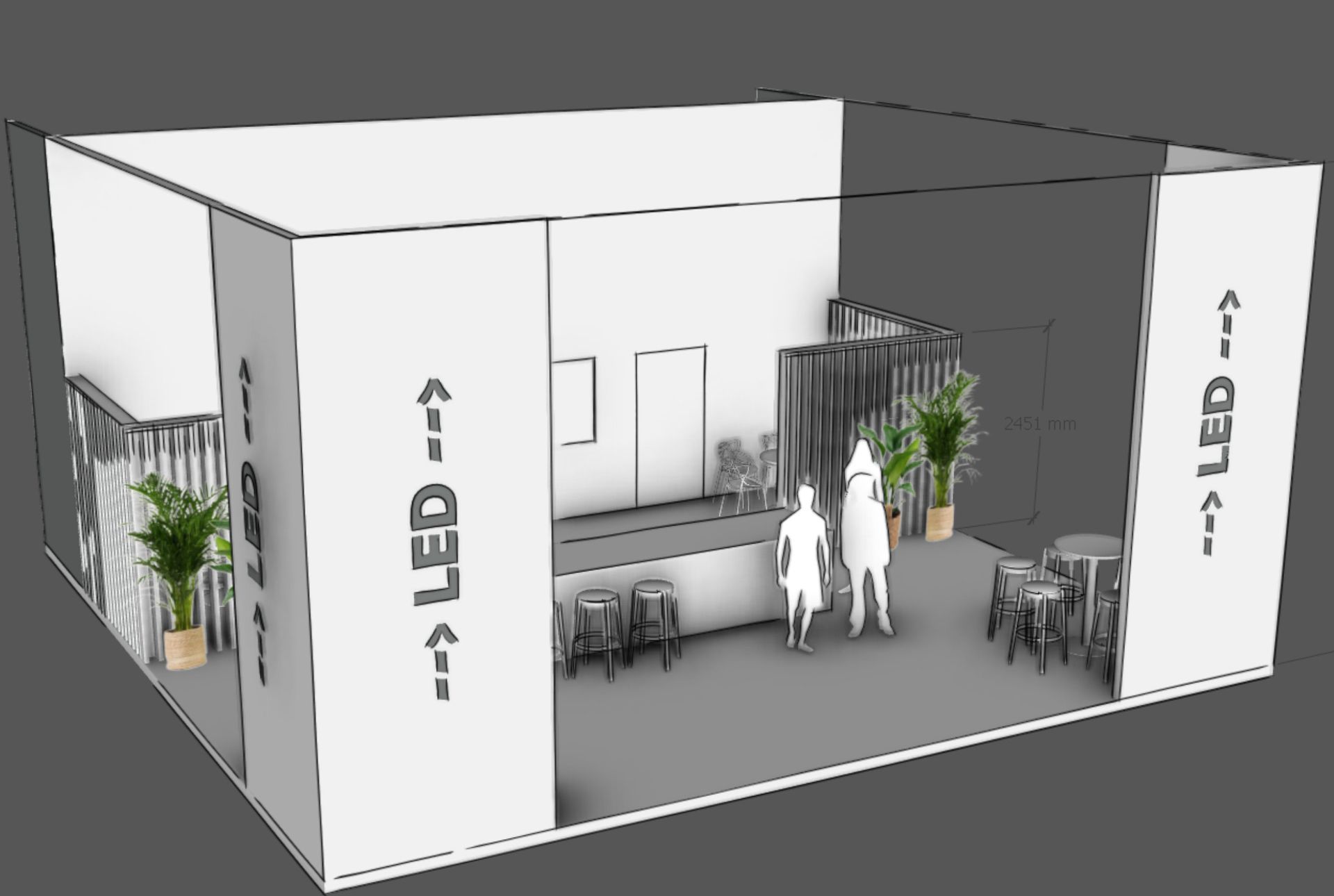 3D-Architekturvisualisierung eines modernen Messestandes mit weißen Wänden, Pflanzen, Barhockern und Personen. LED-Schilder sind an Säulen angebracht.