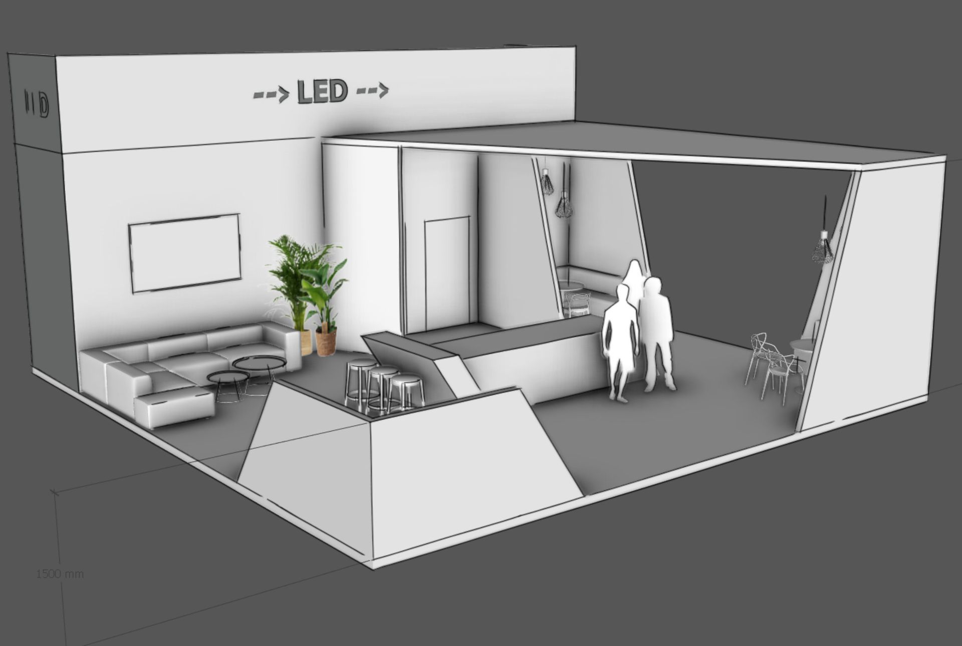 3D-Rendering eines LED-Messestandes mit Empfangsbereich, Lounge und zwei Figuren in der Nähe des Eingangs.