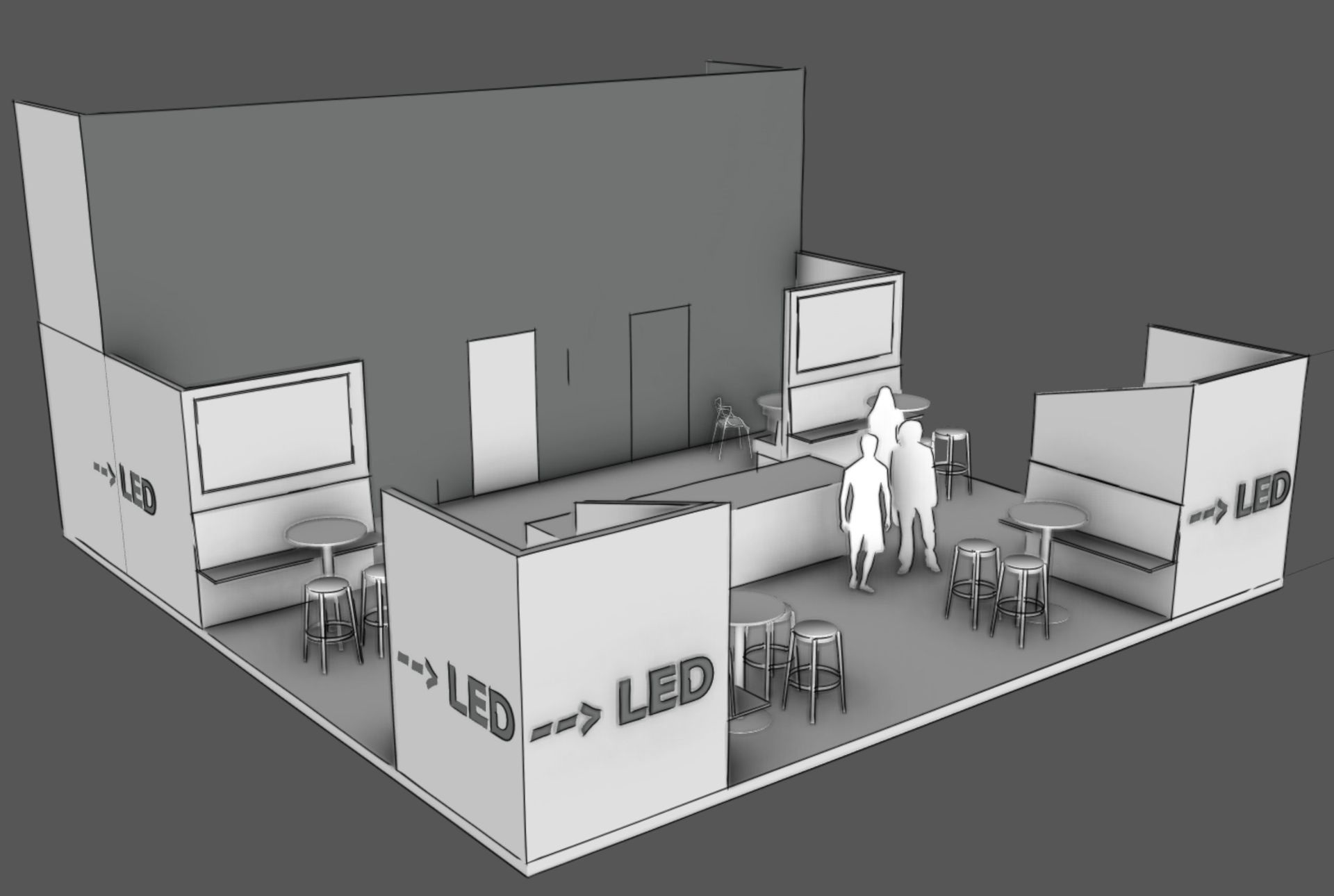 3D-Modell eines Messestandes mit LED-Schildern, Tischen und einer Personengruppe.