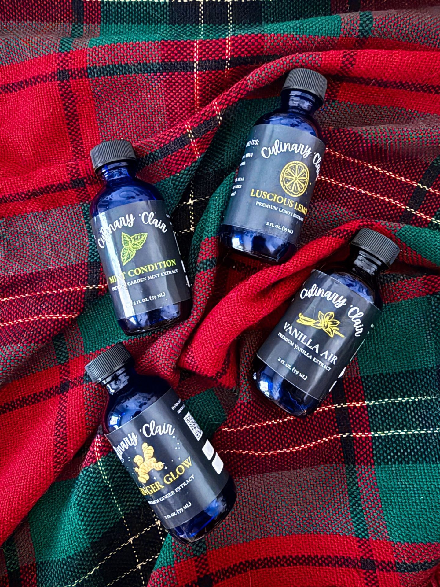 Four blue glass bottles.