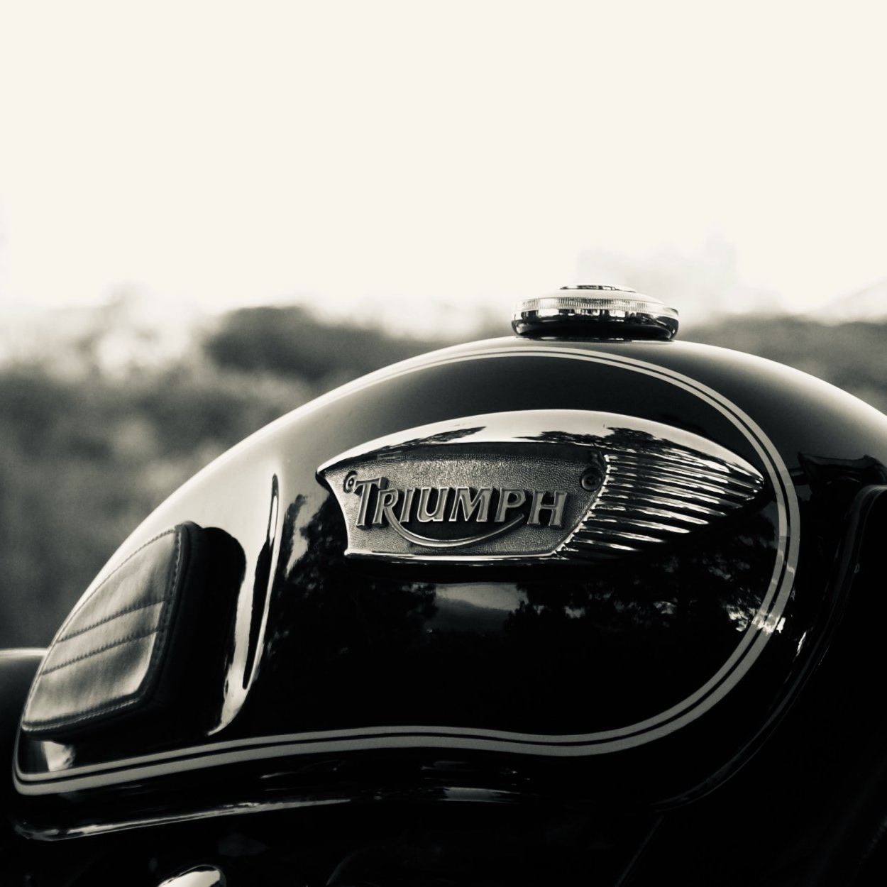 A black and white photo of a triumph motorcycle