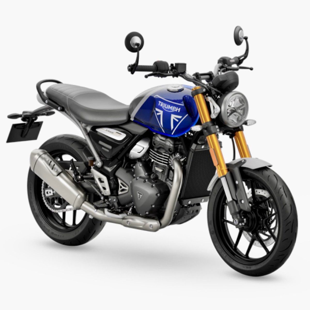 Triumph Speed Triple 1200 RR rental motorcycle with blue and silver paint, black wheels, and gold forks.