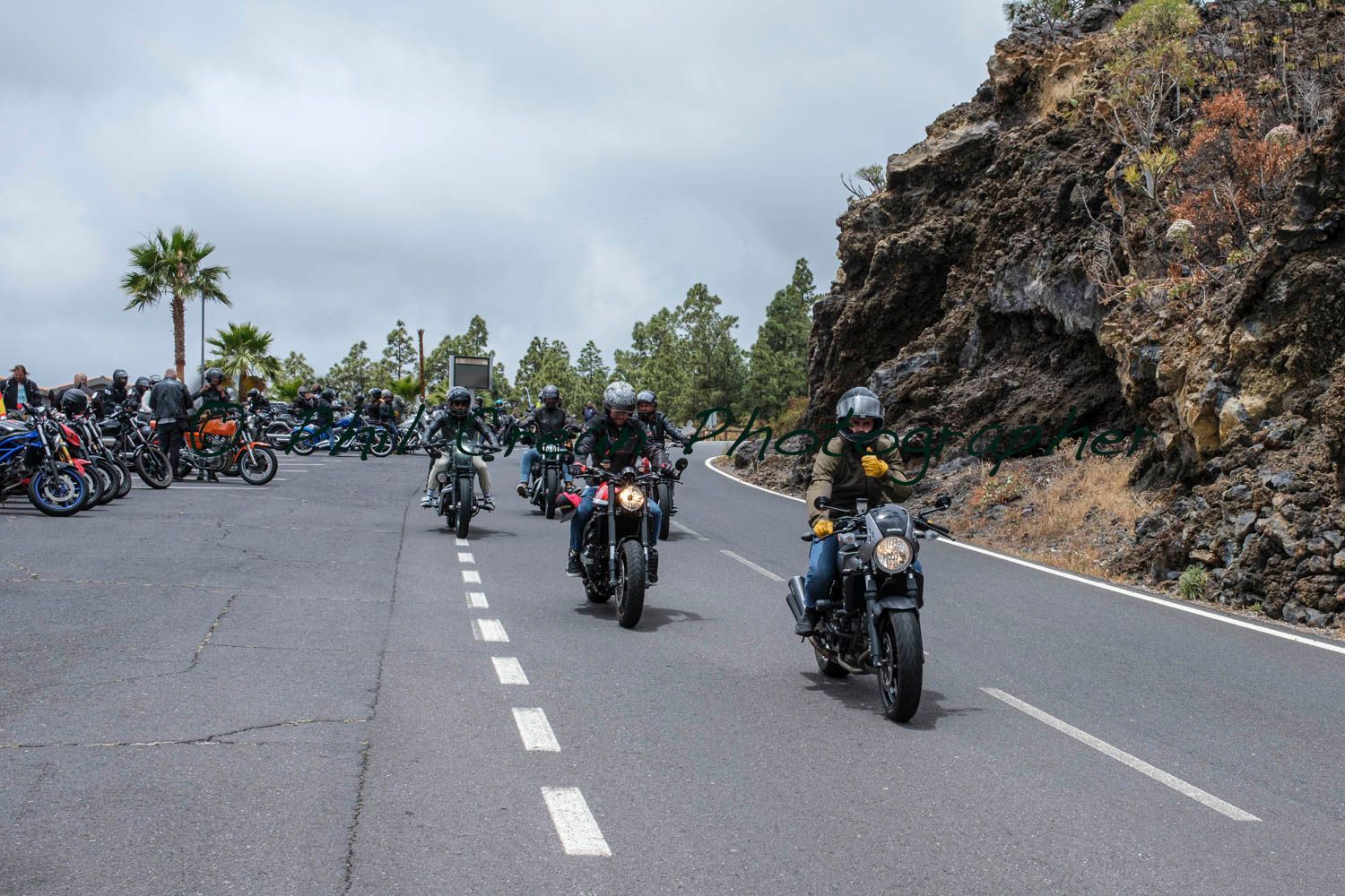 A group of people are riding motorcycles down a road.