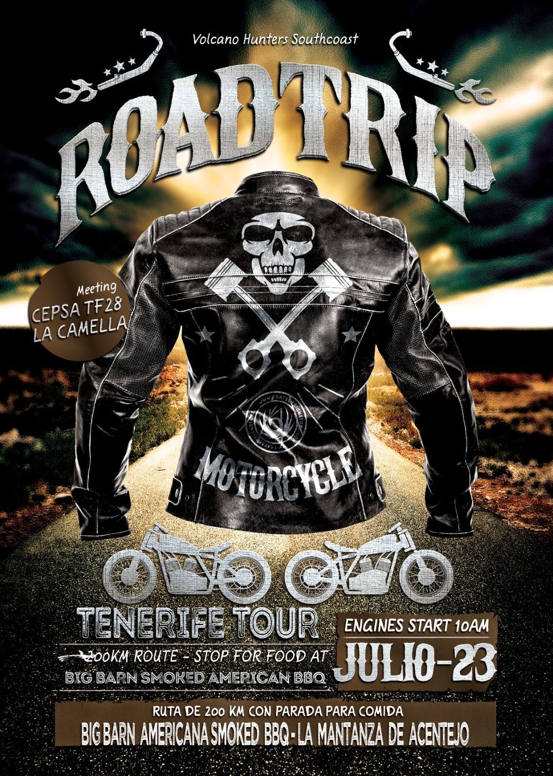 A poster for a road trip with a man in a leather jacket