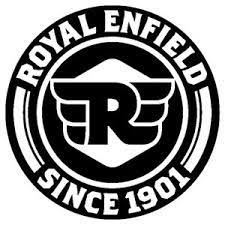 The royal enfield logo is black and white and has wings on it.