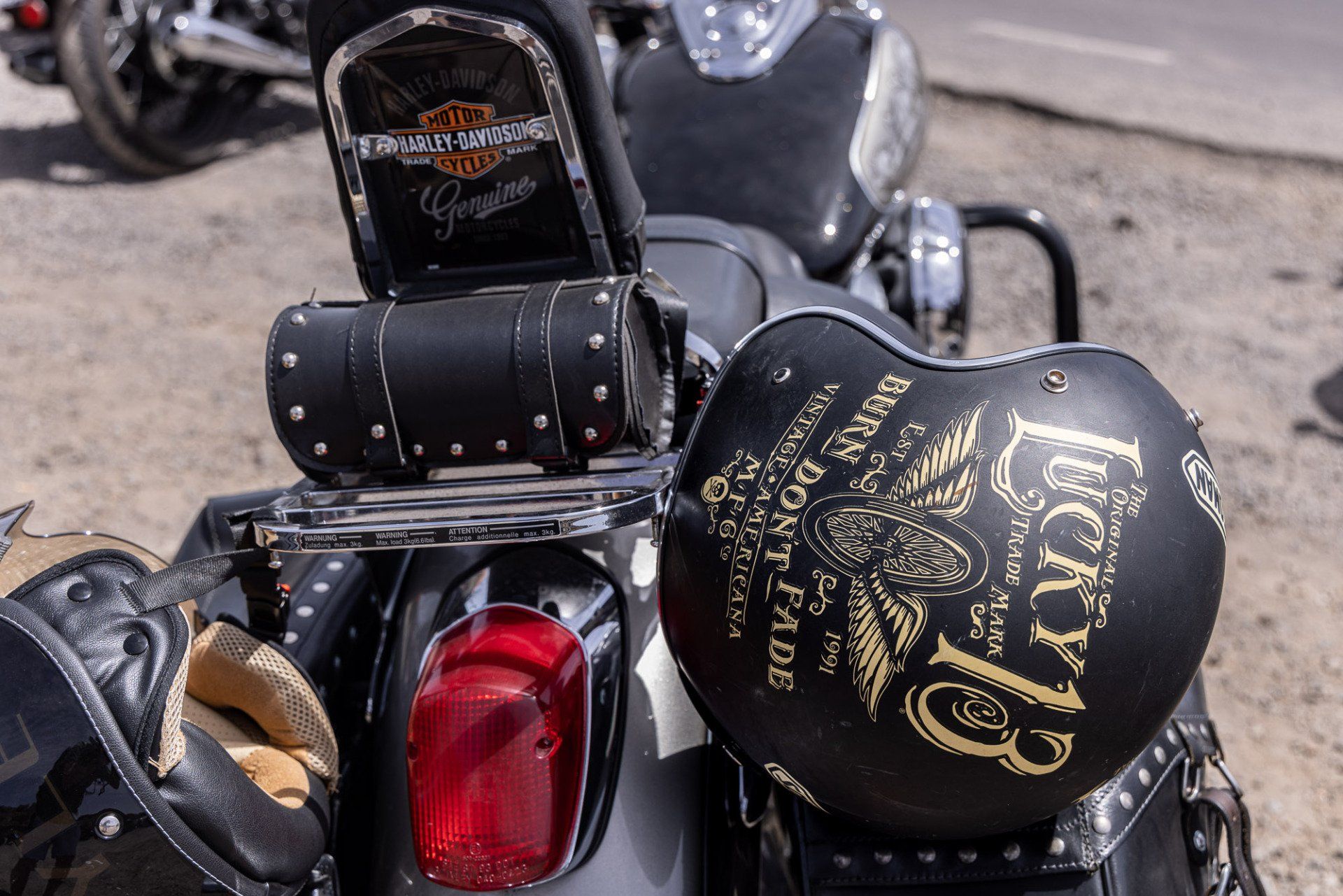 A motorcycle with a helmet that says legacy on it