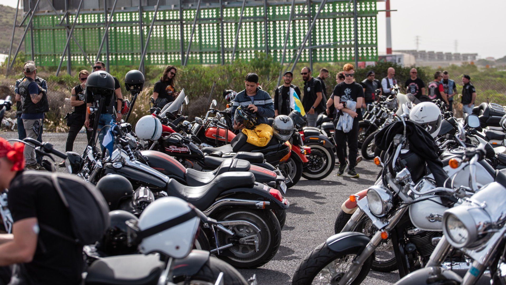 A group of people are standing around a row of motorcycles.