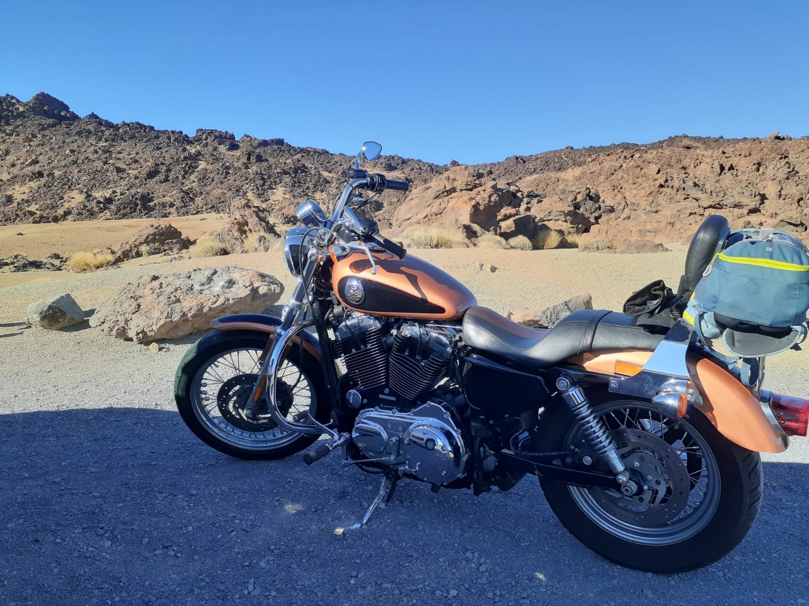 An orange harley davidson motorcycle is parked on the side of the road