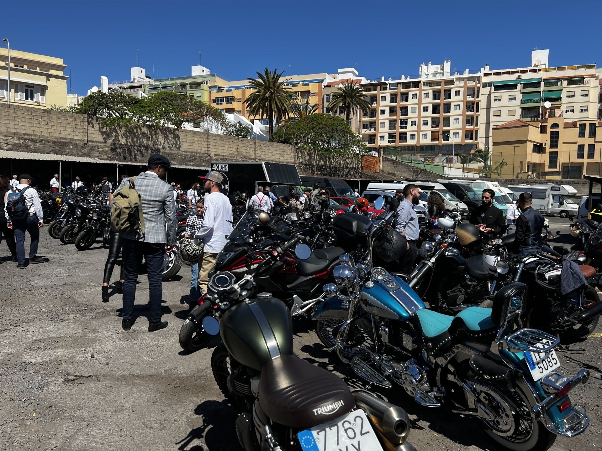 A lot of motorcycles are parked in a parking lot