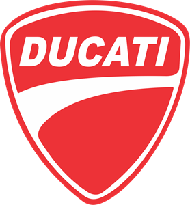 A red and white ducati logo on a white background